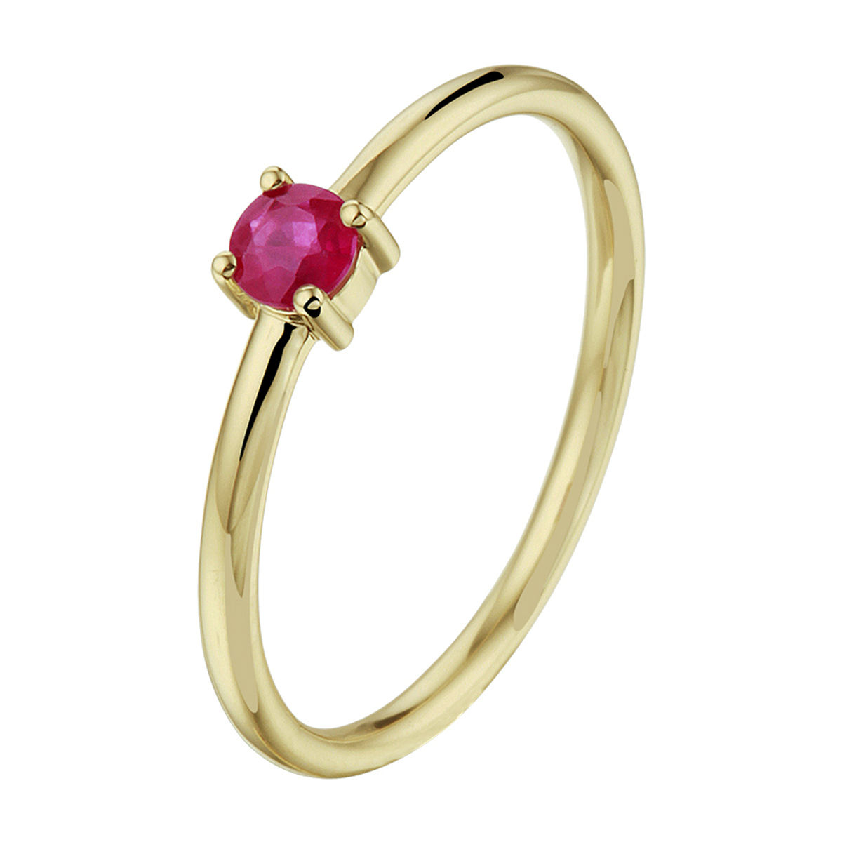 14k Geelgouden ring uitgevoerd met een schitterende robijn. De ring heeft een breedte van 4mm.
