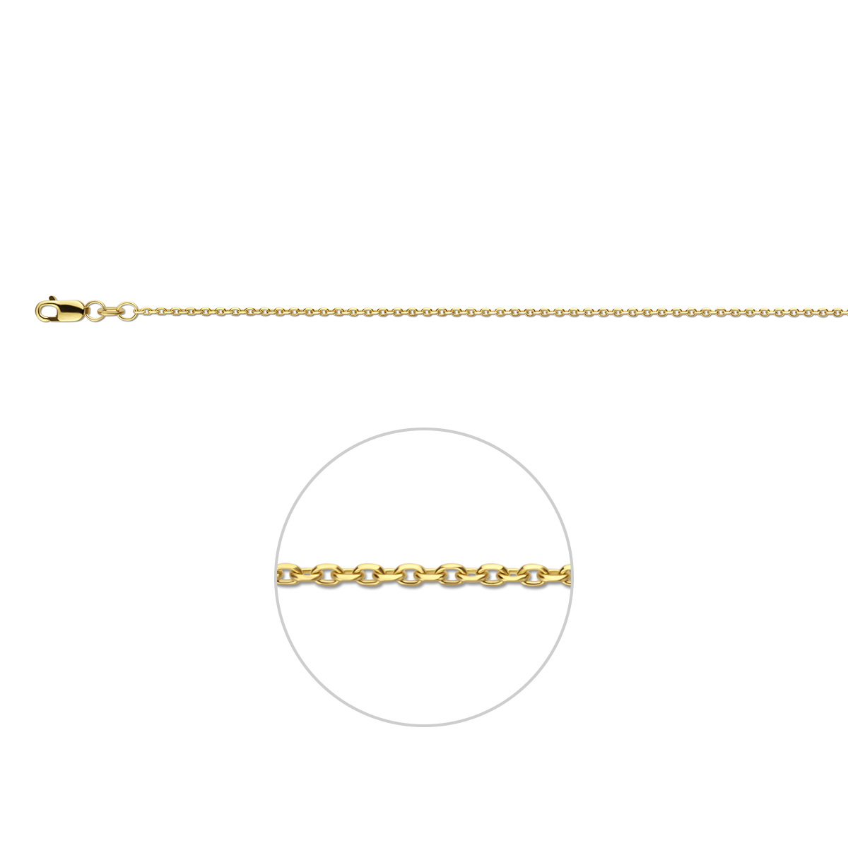 14k Geelgouden lengteartikel anker schakel. De schakelbreedte is 1.3mm.