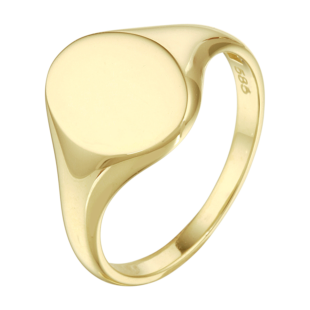 Geelgouden ovale graveerring. De ring heeft een breedte van 10mm.