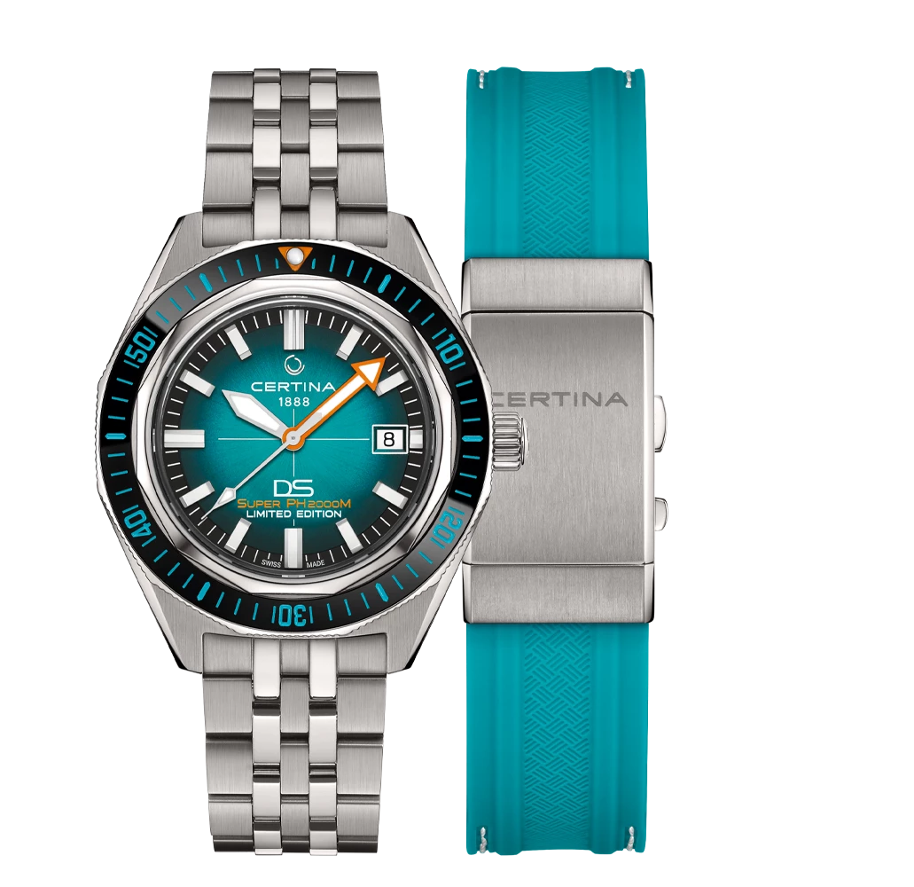 Met de nieuwe DS SUPER PH2000M gaat Certina nog een stapje verder in zijn onderwaterhorlogecollectie met het eerste PH-horloge dat is ontworpen voor dieptes tot 2.000 meter onder het oceaanoppervlak. Een omgeving met een verpletterende en bijna ondraaglijke druk. Een technisch hoogstandje, gebouwd voor een wereld waarin bijna niets anders standhoudt. Deze nieuwe generatie, die voortbouwt op het in 1959 ge&iuml;ntroduceerde DS-concept van het merk en de in de jaren zestig gelanceerde PH-duikhorloges, verdubbelt de eerdere prestatienormen tot 2.000 meter en is bovendien uitgerust met de nieuwste versie van Double Security: het DS-concept &lsquo;Extreme Shock Resistance&rsquo;. De collectie is vervaardigd uit titanium van klasse 2 en omvat vier modellen die zich onderscheiden door gedurfde materiaal- en kleurencombinaties, voorzien van keramische lunettes en verkrijgbaar met een band van titanium, rubber, silicone of textiel. Aangedreven door het Powermatic 80-uurwerk met een Nivachron&trade;-balansveer, biedt de DS SUPER PH2000M nauwkeurigheid, uithoudingsvermogen en betrouwbaarheid onder extreme omstandigheden.

