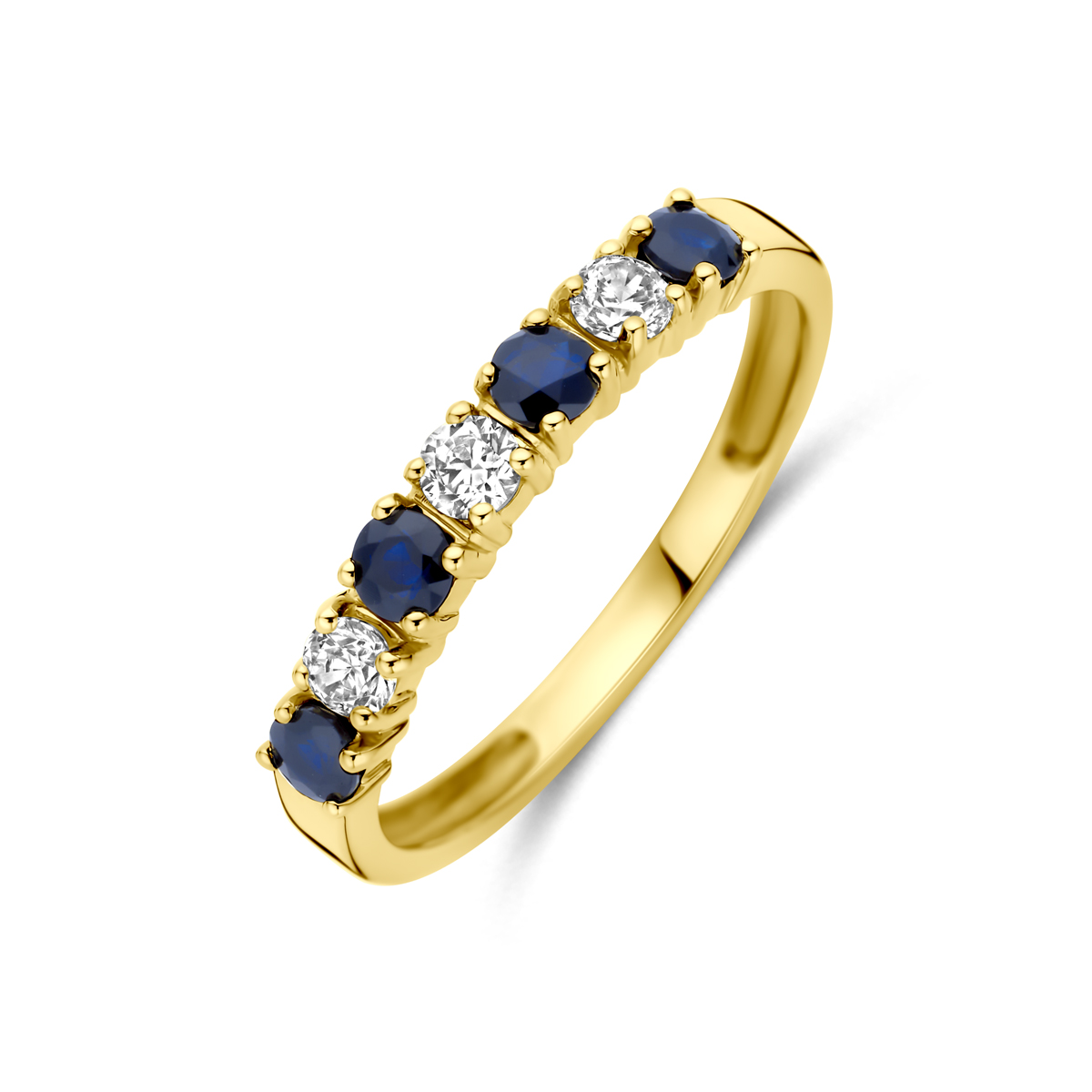 14k Geelgouden ring uitgevoerd met saffier en zirkonia. De ring heeft een breedte van 5mm.