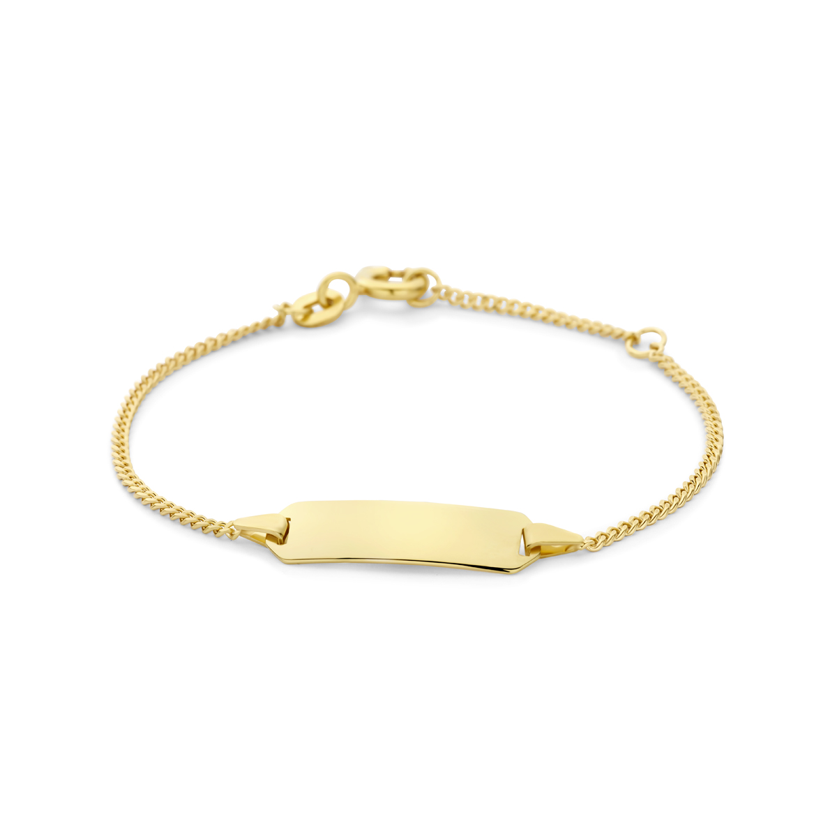 Geelgouden graveerarmband met een poli afwerking. De graveerplaat heeft een dikte van 0.5mm.