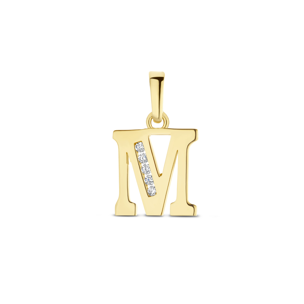 Huiscollectie - 14k Geelgouden hanger in de vorm van een letter. Uitgevoerd met heldere zirkonia. Letter M - 4025403