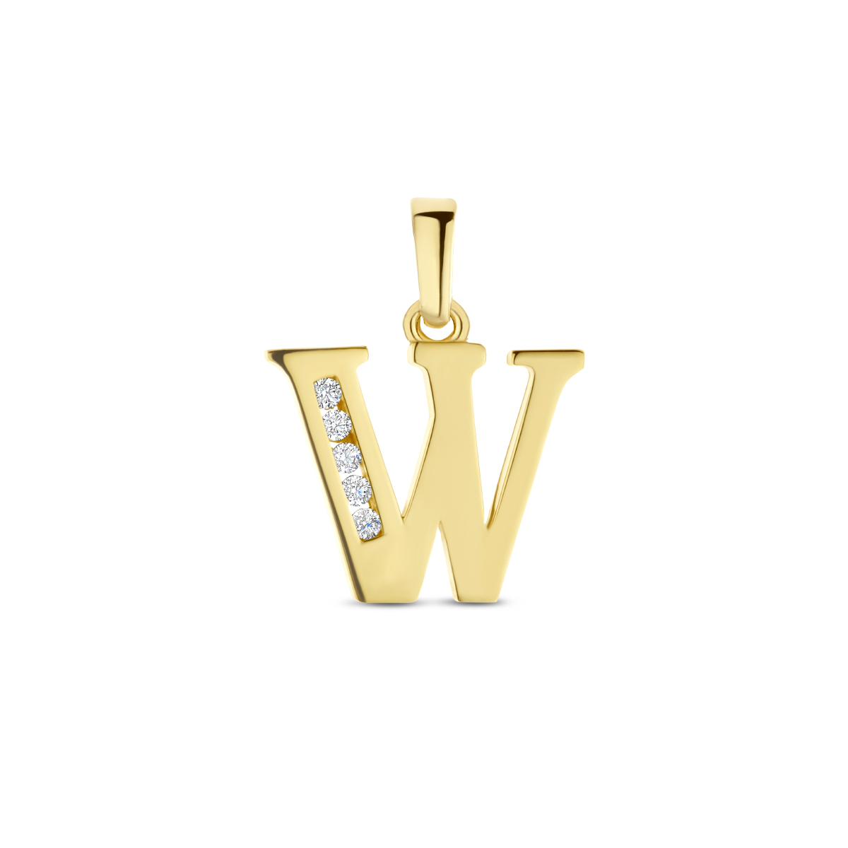 Huiscollectie -14kt Geelgouden hanger in de vorm van een letter. Uitgevoerd met heldere zirkonia. Letter W 9x10.5mm - 4025413