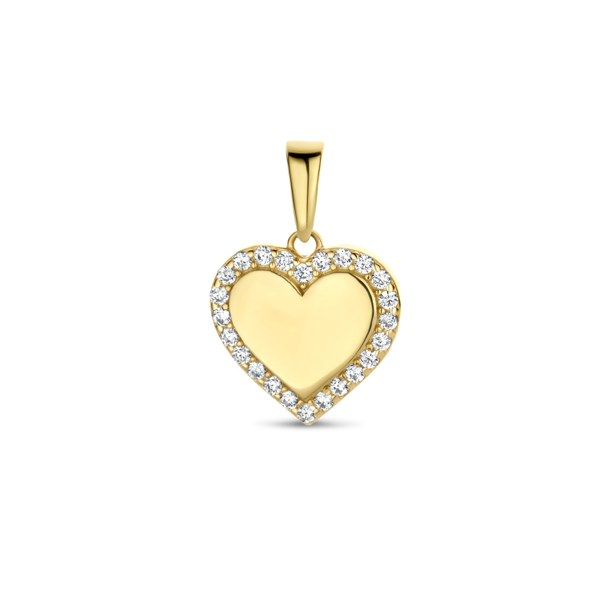 14k Geelgouden hanger uitgevoerd in de vorm van een hart met een schitterende zirkonia rij. De hanger heeft een hoogte van 11,5mm excl oogje.