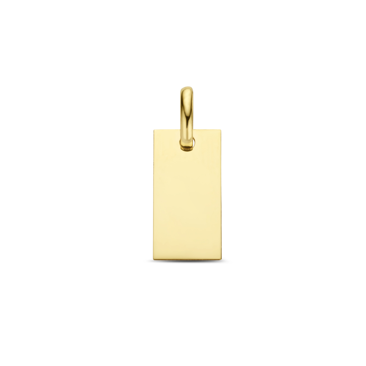 14k Geelgouden graveerhanger met een totale hoogte van 19mm. De rechthoek is 14x7mm. De dikte van de plaat is 0.4mm.
