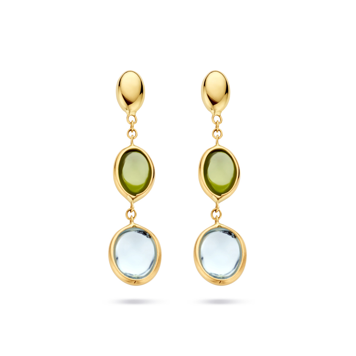 14k Geelgouden oorhangers uitgevoerd met blauw topaas en peridot. De oorhangers hebben een totale hoogte van 30mm.