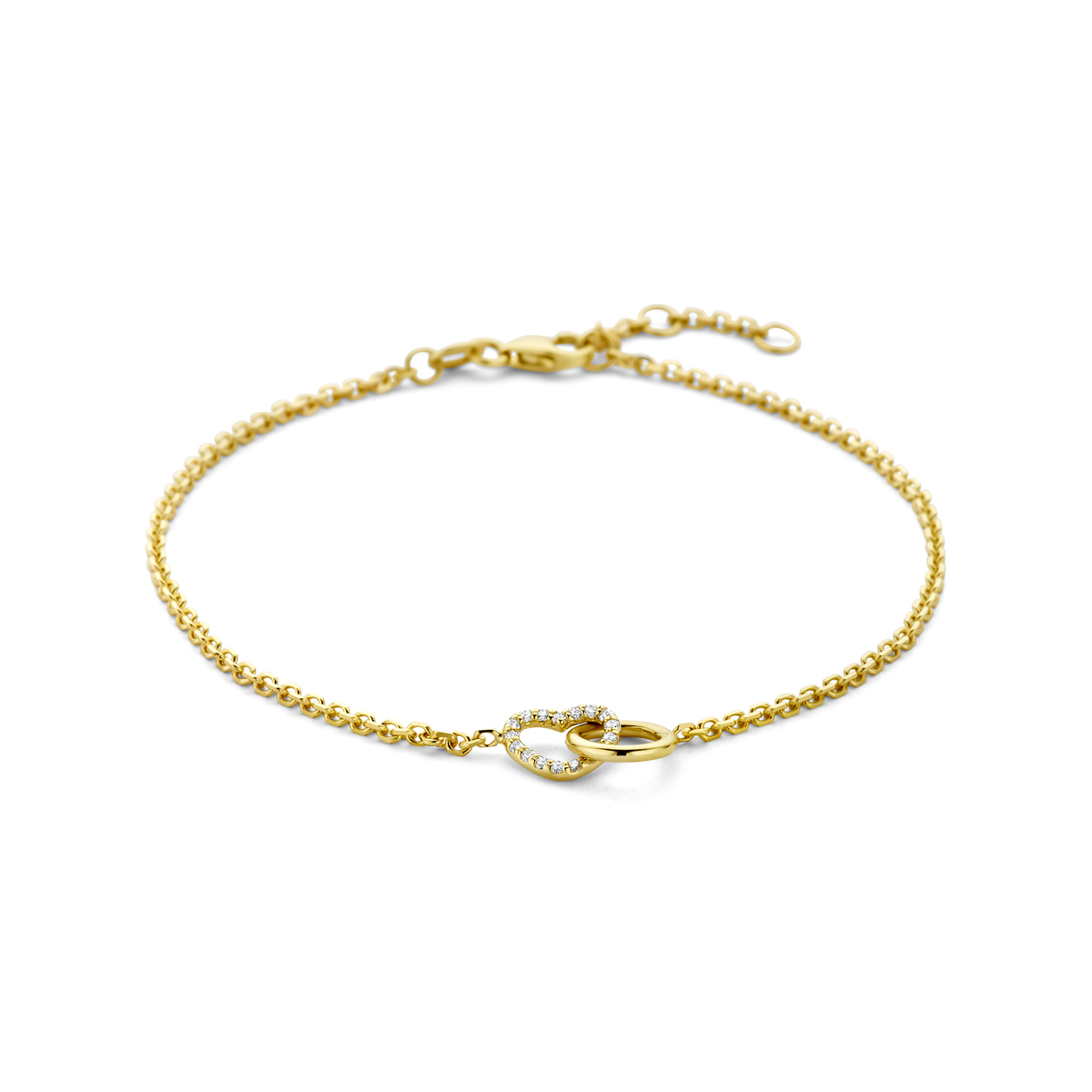 14k Geelgouden armband uitgevoerd met een rondje en een hartje. De armband heeft draaglengtes van 17-18-19cm en een schakelbreedte van 1.1mm. Het totale diamantgewicht is 0.09ct.&nbsp;Lab grown diamanten zijn diamanten die ontstaan in een laboratorium. Onder extreem hoge druk en temperatuur wordt het natuurlijk ontstaansproces nagebootst met als eindresultaat een diamant met dezelfde chemische eigenschappen maar met een andere oorsprong.