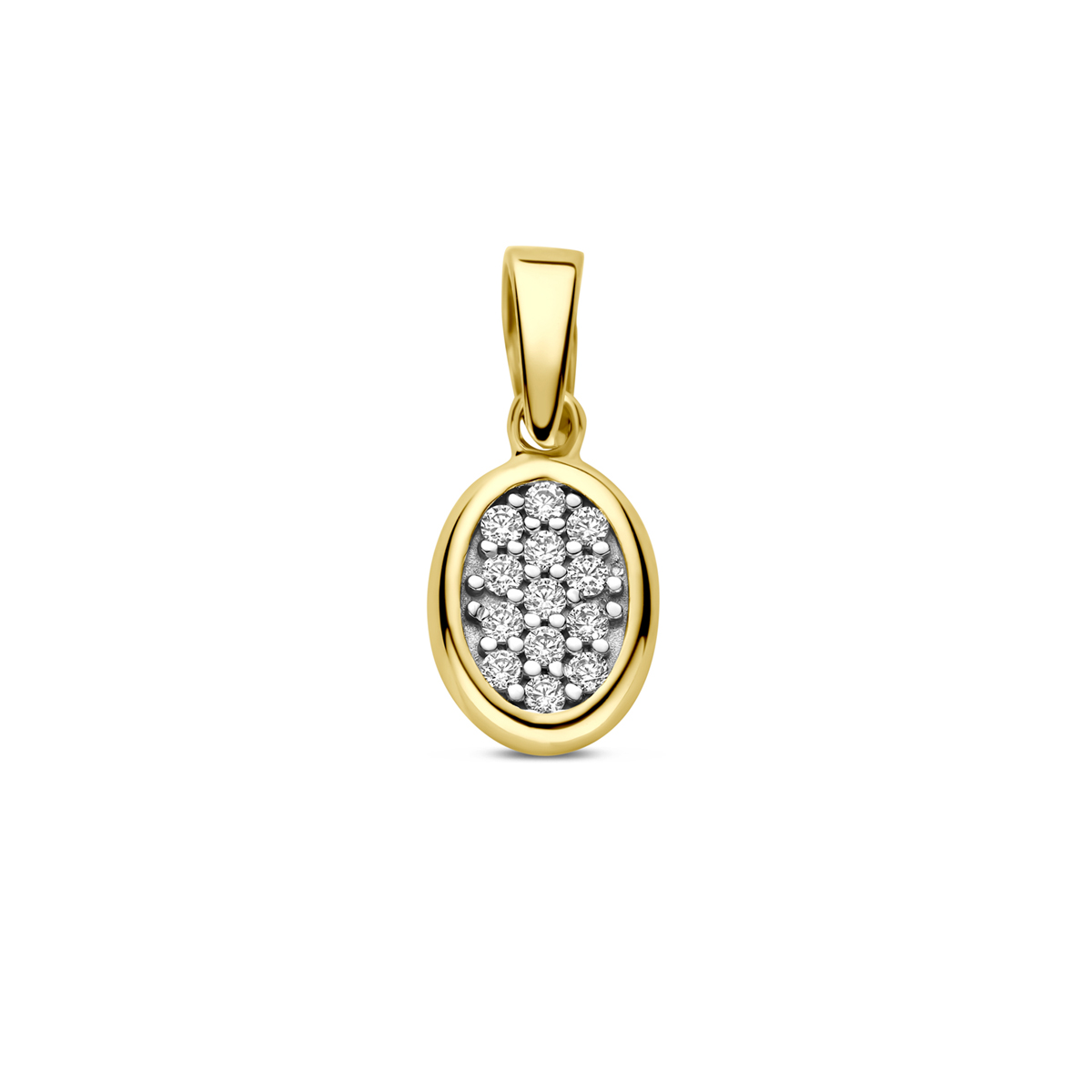 14k Geelgouden hanger met zirkonia. De hanger heeft een breedte van 6.5mm en een hoogte van 8mm excl. oogje.