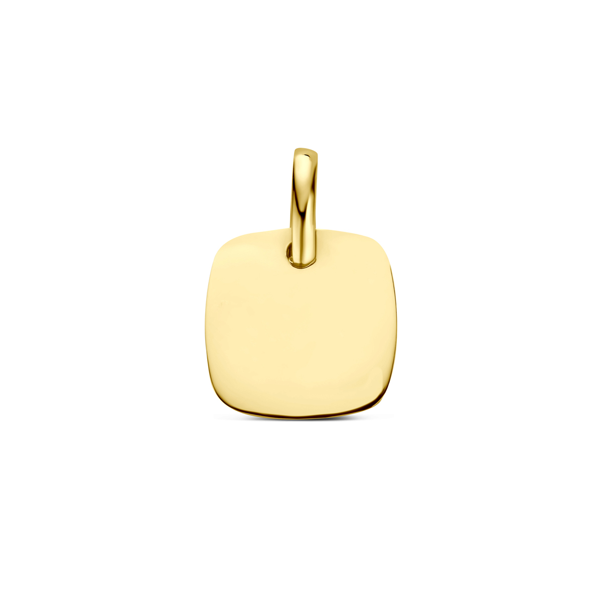 14k Geelgouden graveerhanger uitgevoerd in de vorm van een vierkant met een dikte van 0,4mm. De hanger heeft een hoogte van 10mm excl. hoogte.