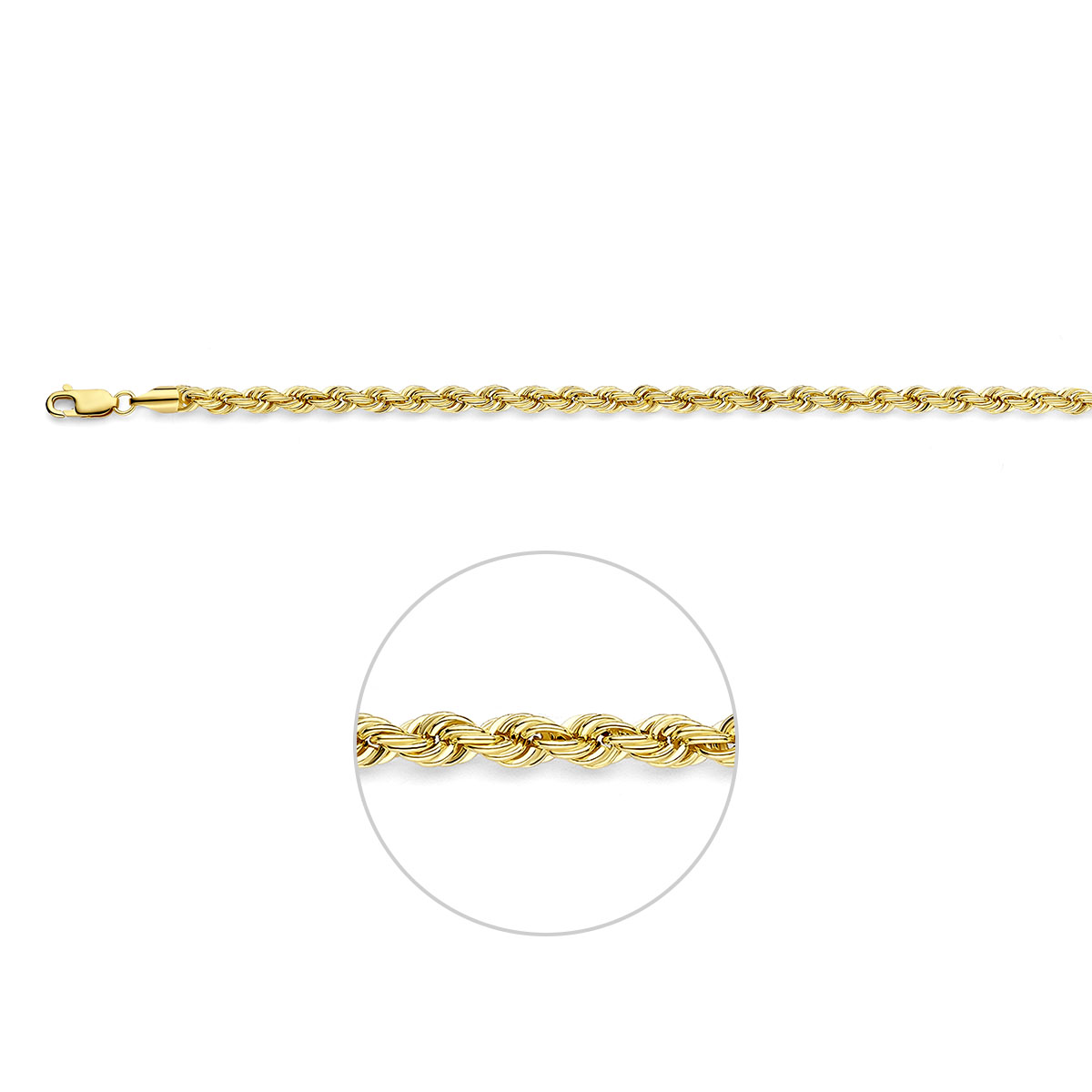 14k Geelgouden koord lengte-artikel met een schakelbreedte van 4.4mm. Uitgevoerd met een karabijn sluiting.