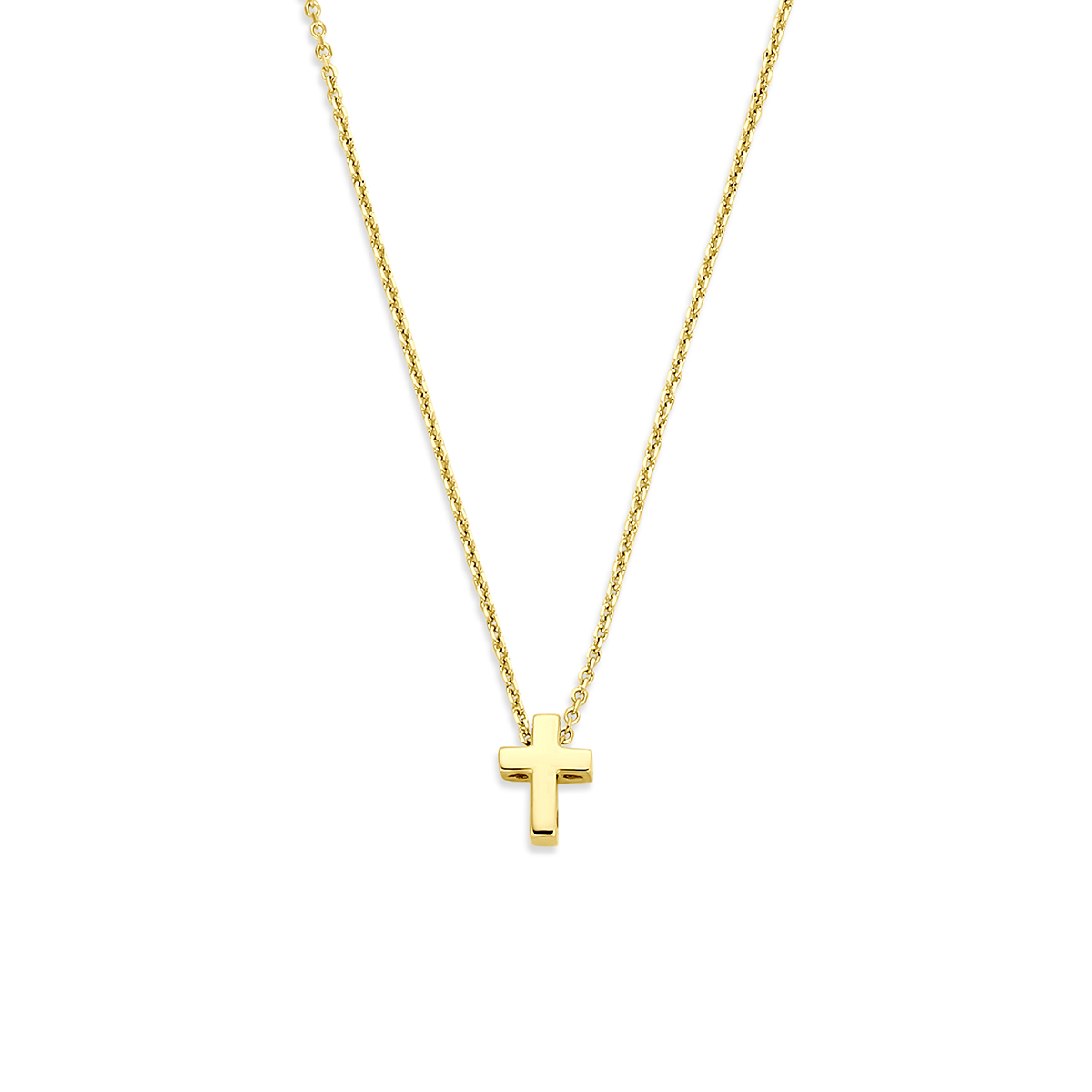 14k Geelgouden collier uitgevoerd met een hanger in de vorm van een kruisje. Het collier heeft draaglengtes van 40-42-44cm, een schakelbreedte van 0,8mm en is uitgevoerd met een karabijnsluiting. De hanger heeft een afmeting van 7x5mm.