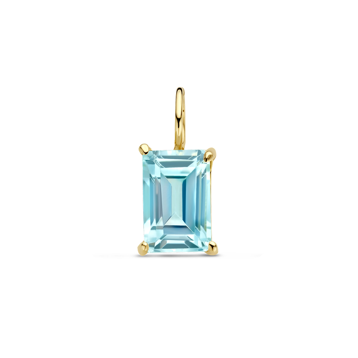 14k Geelgouden hanger uitgevoerd met blauw topaas. De hanger heeft een afmeting van 10.5x4.5mm.