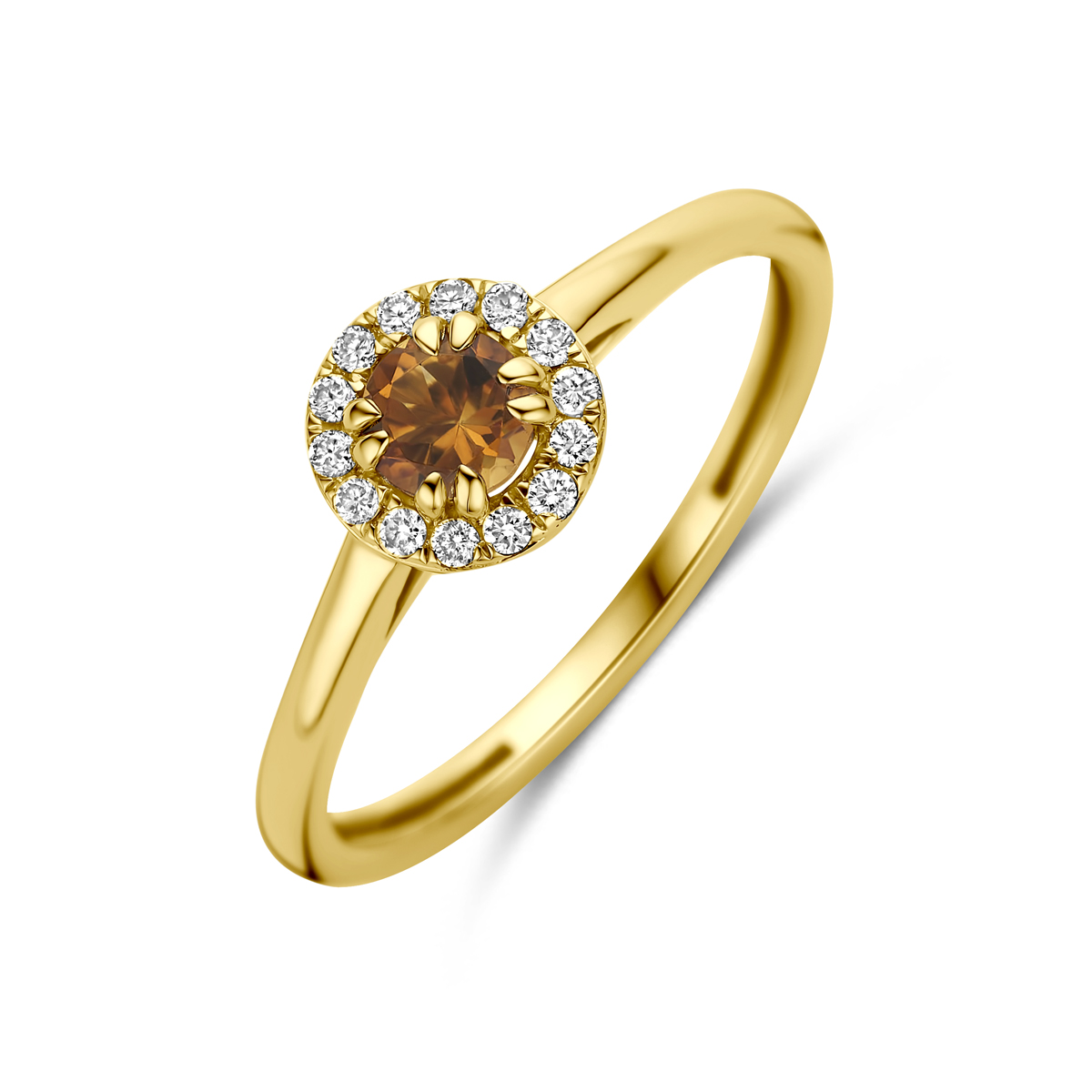 14k Geelgouden ring uitgevoerd met citrien en lab grown diamant. De ring heeft een breedte van 7mm. Het totale diamantgewicht is 0.08ct.&nbsp;Lab grown diamanten zijn diamanten die ontstaan in een laboratorium. Onder extreem hoge druk en temperatuur wordt het natuurlijk ontstaansproces nagebootst met als eindresultaat een diamant met dezelfde chemische eigenschappen maar met een andere oorsprong.