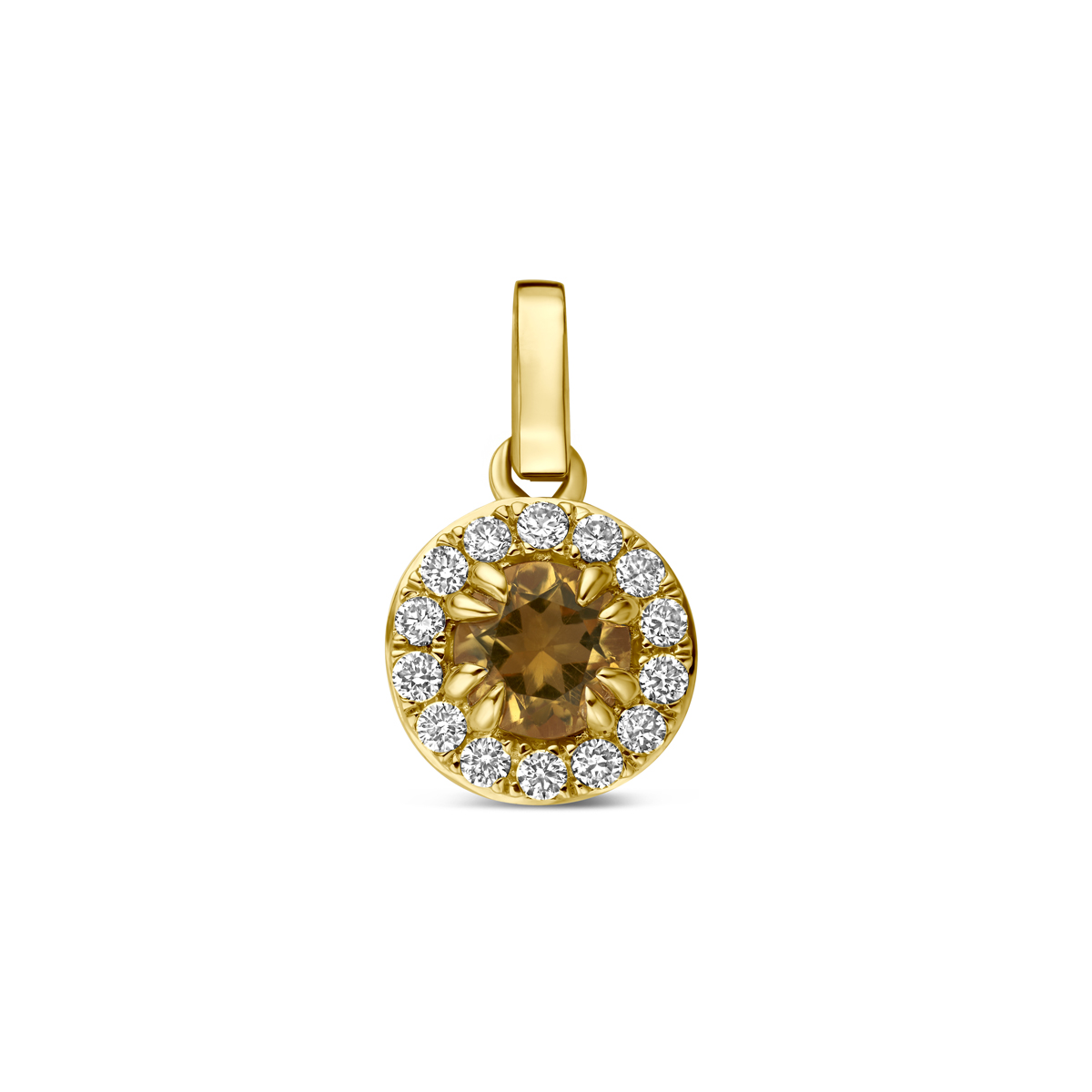 14k Geelgouden hanger uitgevoerd met citrien en lab grown diamant. De hanger heeft een diameter van 7mm excl. oogje. Het totale diamantgewicht is 0.08ct.&nbsp;Lab grown diamanten zijn diamanten die ontstaan in een laboratorium. Onder extreem hoge druk en temperatuur wordt het natuurlijk ontstaansproces nagebootst met als eindresultaat een diamant met dezelfde chemische eigenschappen maar met een andere oorsprong.