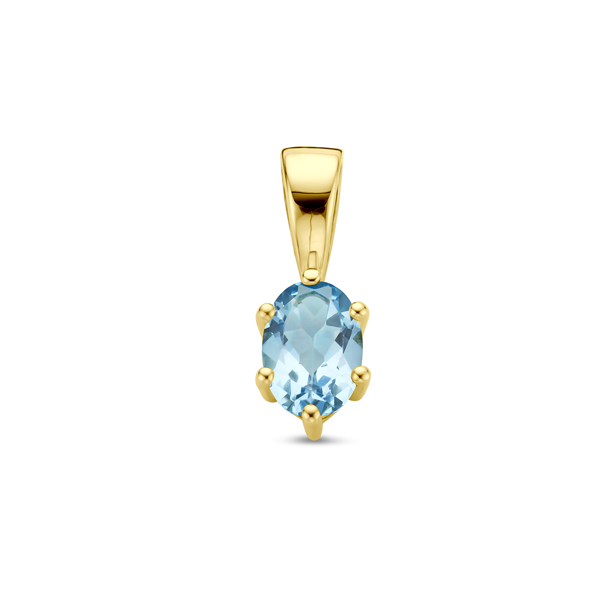 14k Geelgouden hanger met een geboortesteen. De hanger heeft een afmeting van 13x4.5mm.