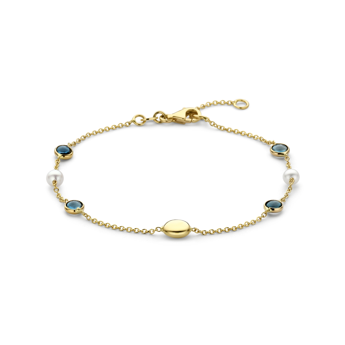 14k Geelgouden armband met parels en london blue topaas. De armband heeft draaglengtes van 17-19cm en een schakelbreedte van 1.2mm. Uitgevoerd met een karabijnsluiting.