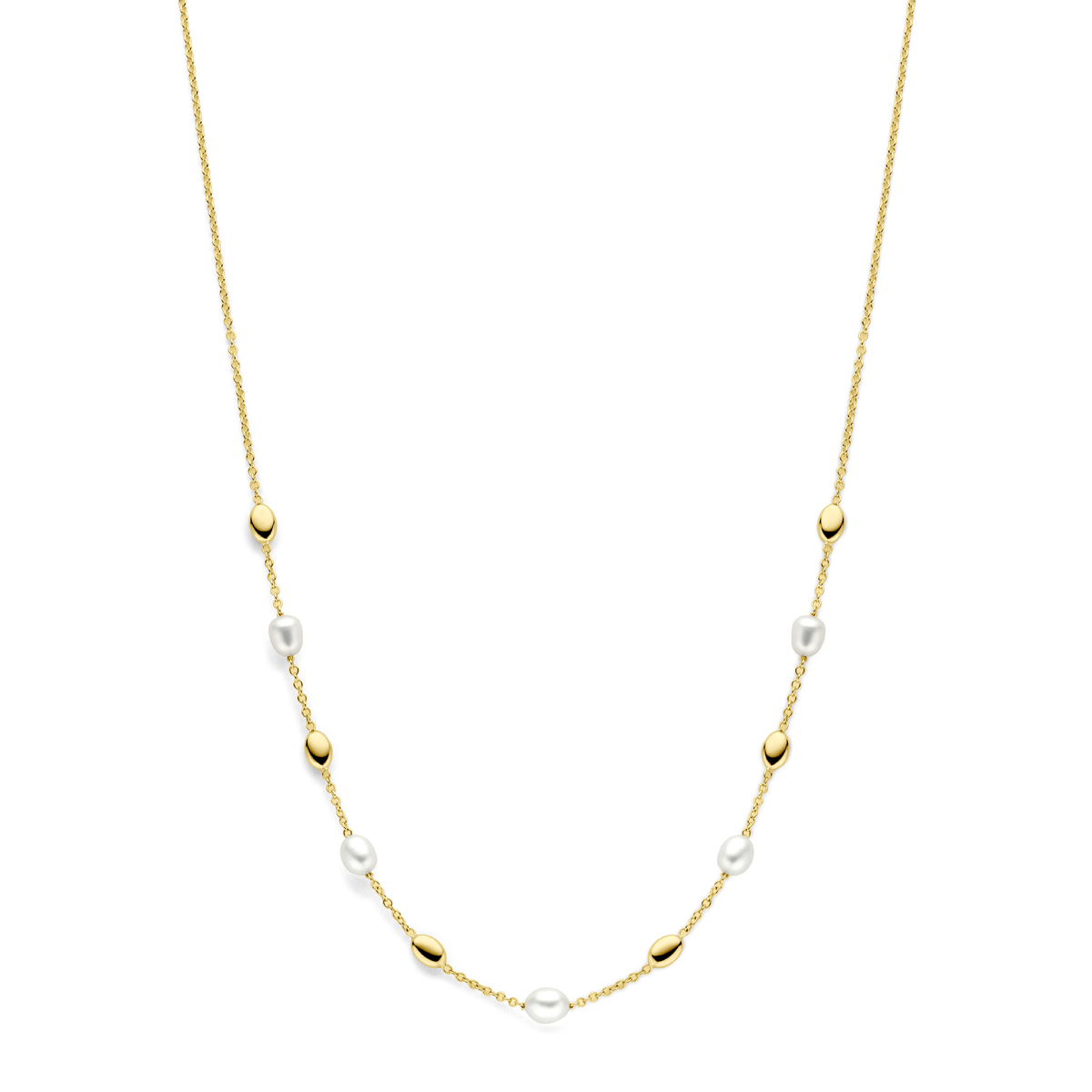 14k Geelgouden collier met parels. Het collier heeft draaglengtes van 41-43-45cm en een schakelbreedte van 1.5mm. Uitgevoerd met een karabijnsluiting.