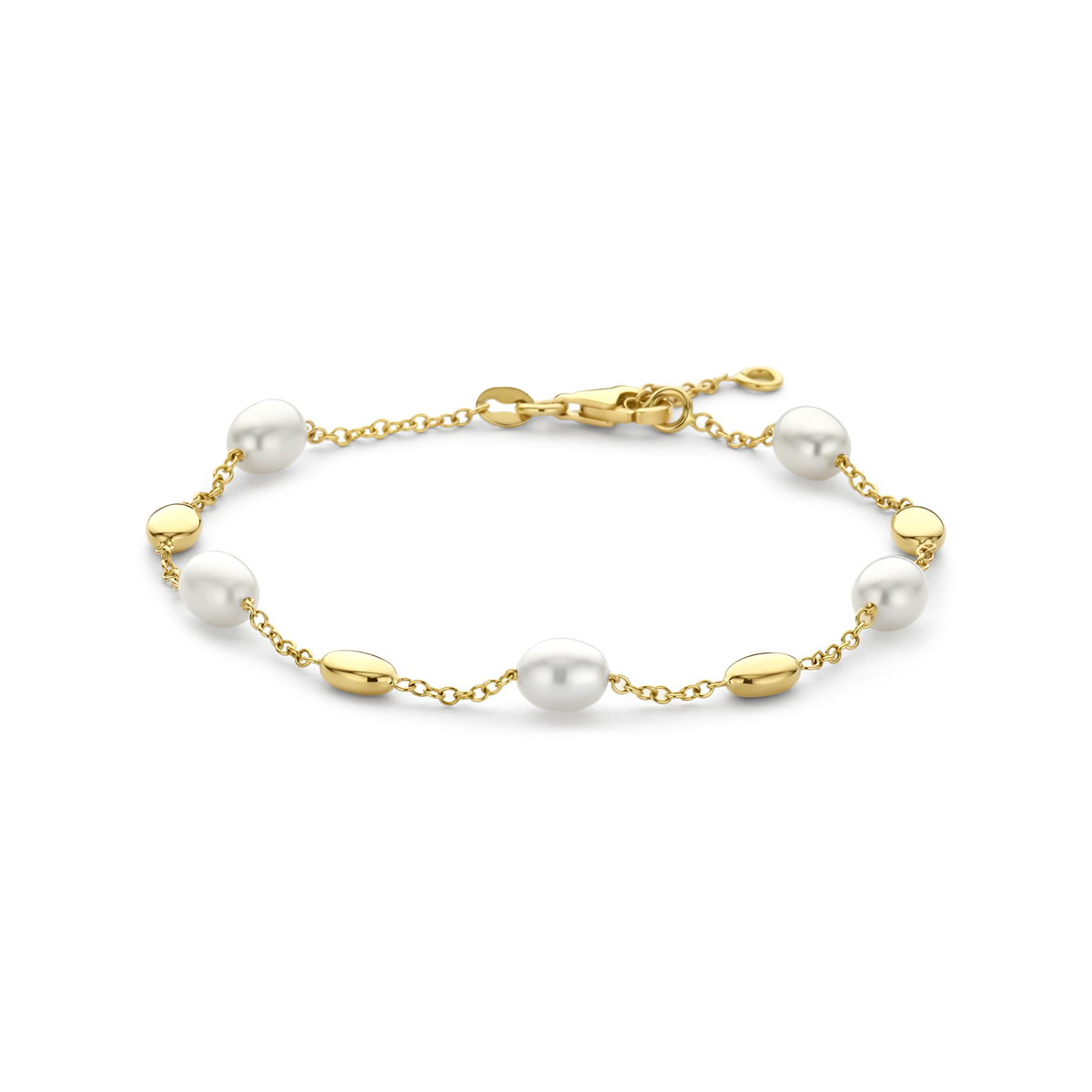 14k Geelgouden armband met parels. De armband heeft draaglengtes van 17-19cm en een schakelbreedte van 1.5mm. Uitgevoerd met een karabijnsluiting.