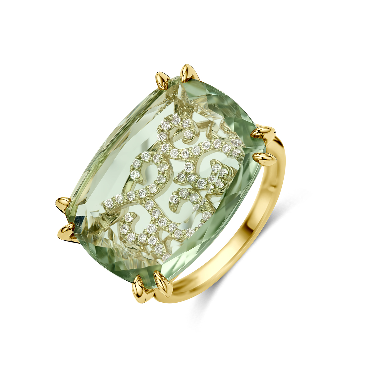 14k Geelgouden ring uitgevoerd met een groene amethist en daaronder een ontwerp met diamantjes. De amethist heeft een afmeting van 20x15mm. Het totale diamantgewicht is 0.14ct.