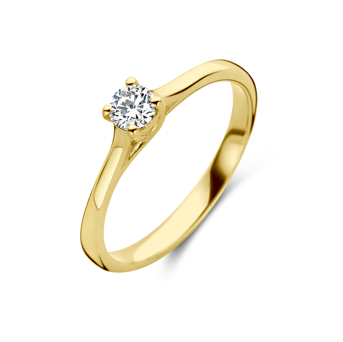 14k Geelgouden ring uitgevoerd met diamant. De ring heeft een breedte van 3.8mm