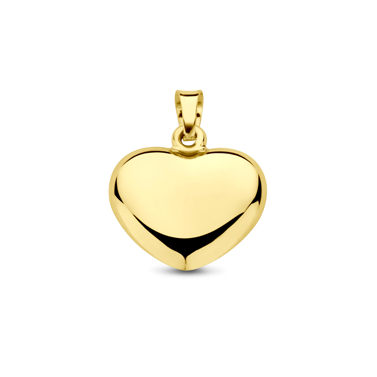 14k Geelgouden hanger uitgevoerd in de vorm van een hart. Het hart heeft een afmeting van 12x13.5mm.