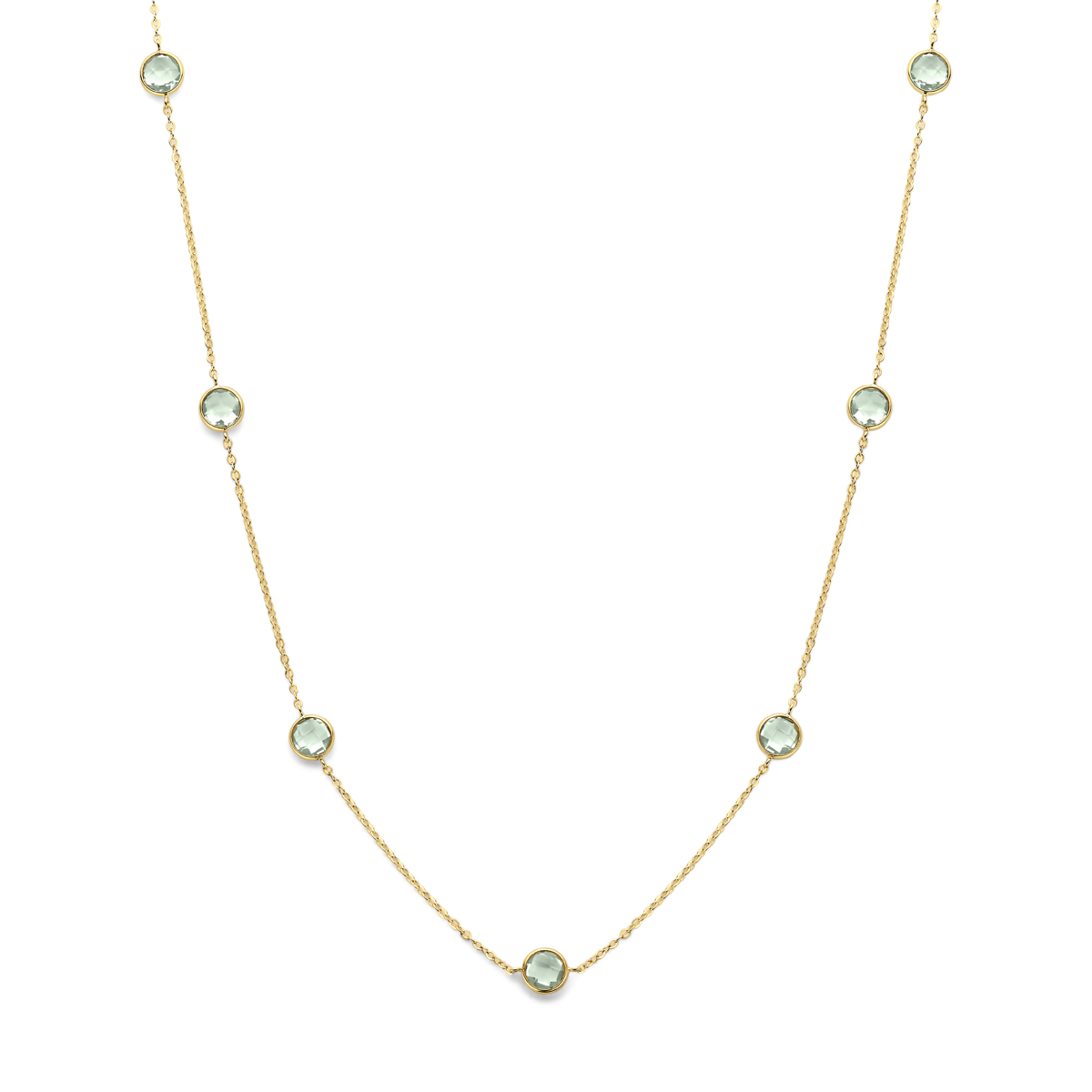 14k Geelgouden collier met groen amethist Het collier heeft draaglengtes van 40-42-44cm en een schakelbreedte van 1,4mm. Uitgevoerd met een karabijnsluiting.