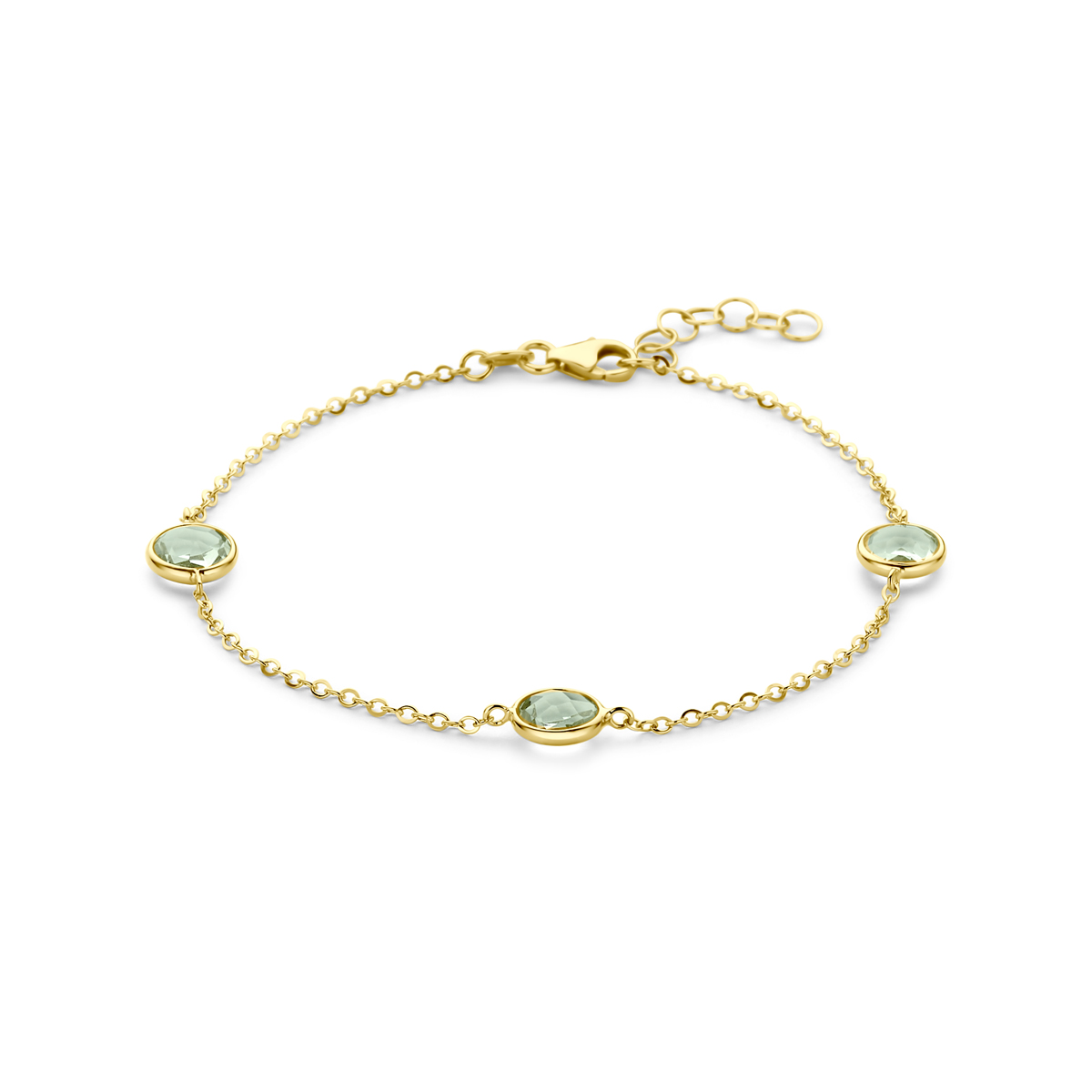 14k Geelgouden armband met groen amethist. De armband heeft een lengte van 17cm met 2cm extensie. Uitgevoerd met een karabijnsluiting.