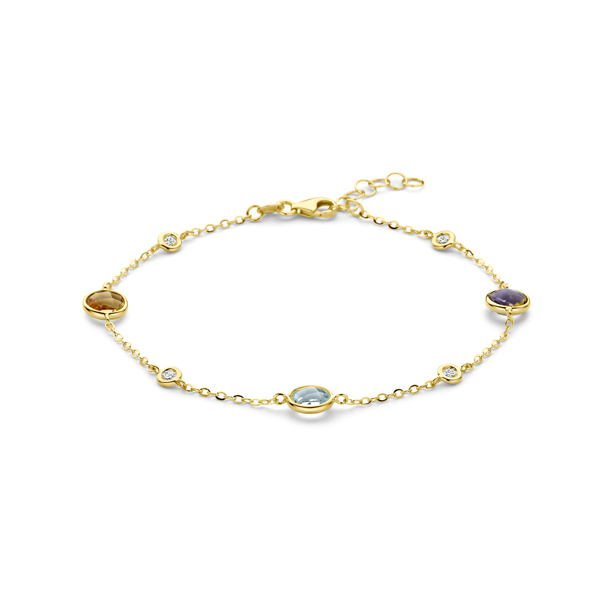 14k Geelgouden armband met citrien, amethist, topaas en diamant. De armband heeft een lengte van 17cm met 2cm extensie. Het totale diamantgewicht is 0.20ct.