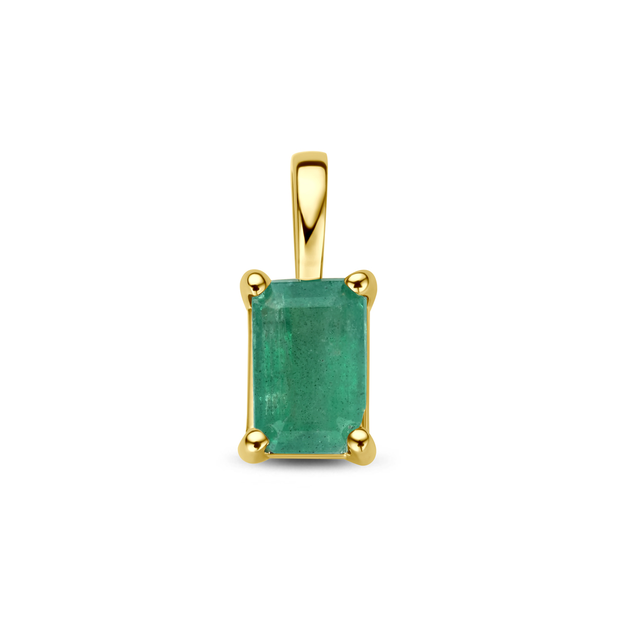 14k Geelgouden hanger met smaragd. De hanger heeft een afmeting van 11x5mm.