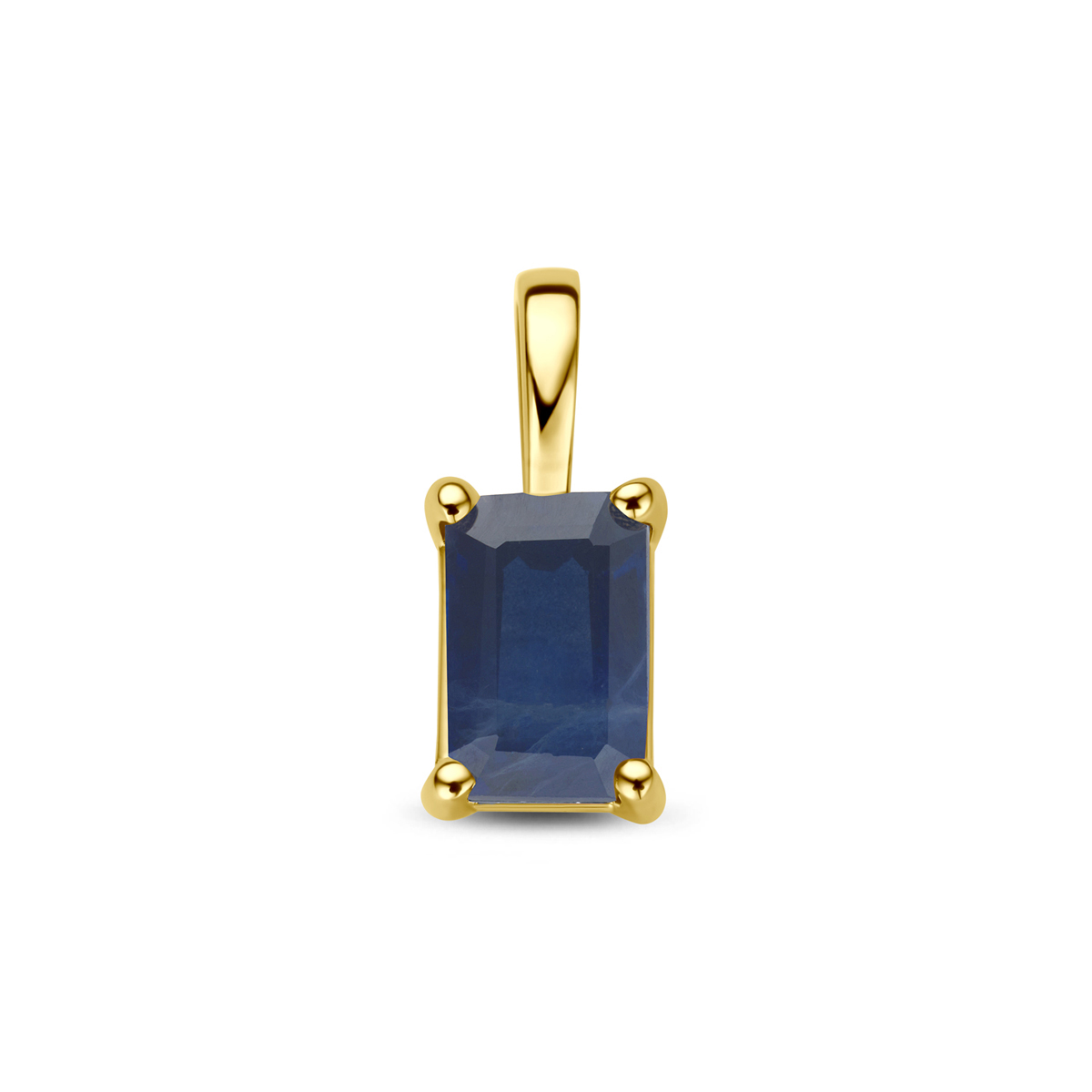 14k Geelgouden hanger met saffier. De hanger heeft een afmeting van 11x5mm.