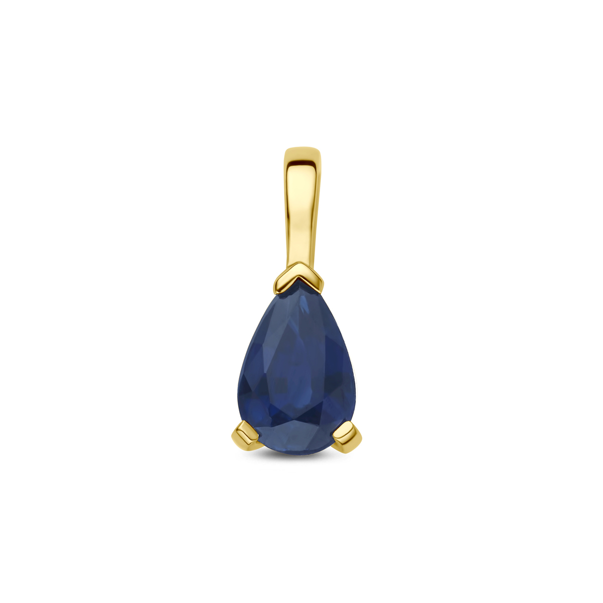 14k Geelgouden hanger met saffier. De hanger heeft een afmeting van 10.5x4.5mm.