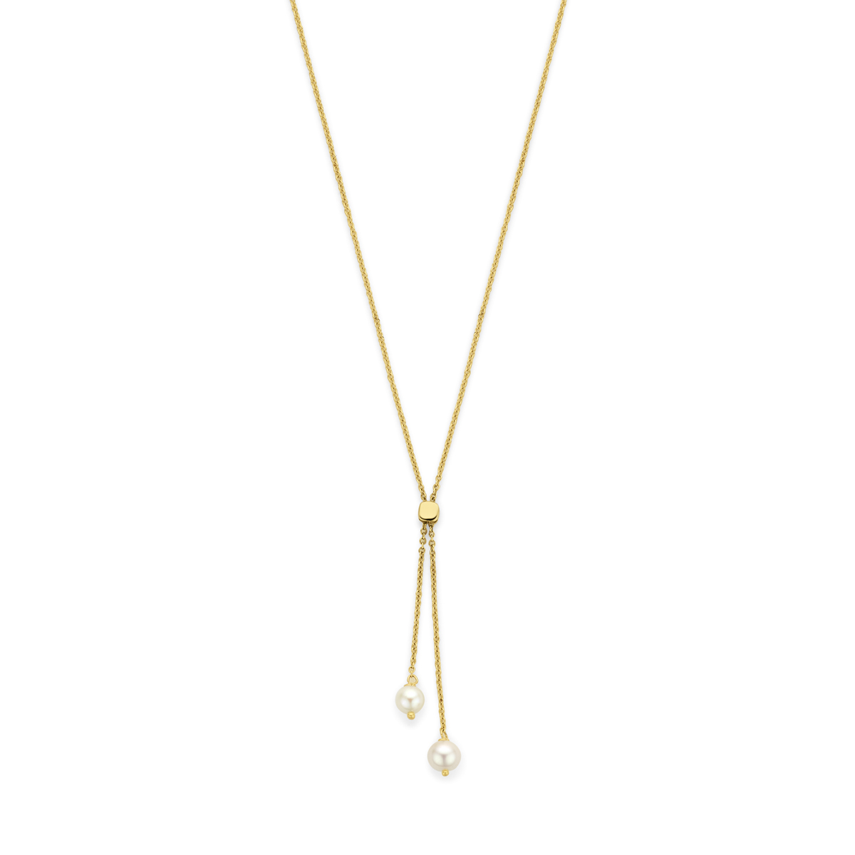 14k Geelgouden y-collier met parels. Het collier heeft een lengte van 41+2+2cm en een schakelbreedte van 1mm.