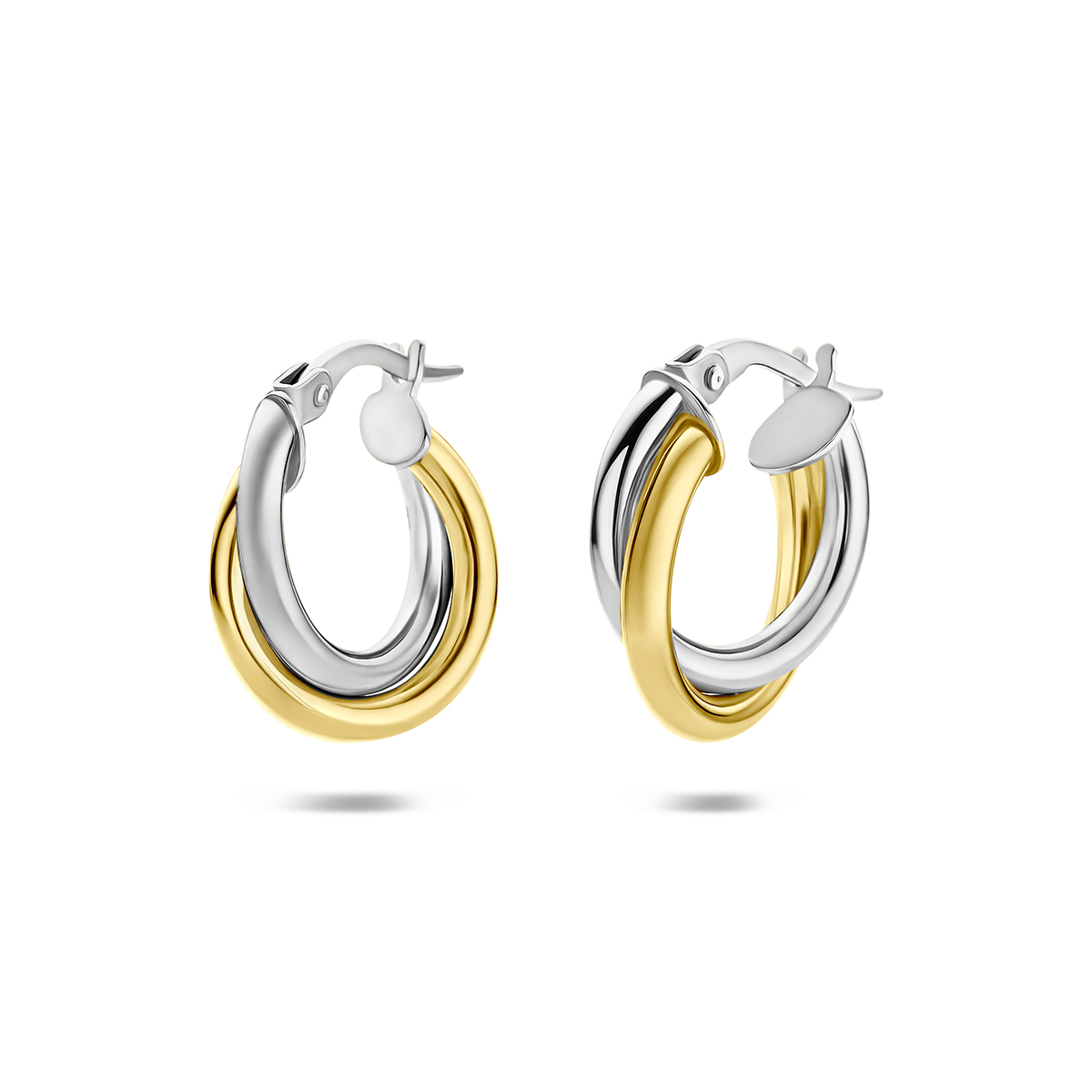 14k Bicolor geel en witgouden oorringen met een buisdikte van 4mm.