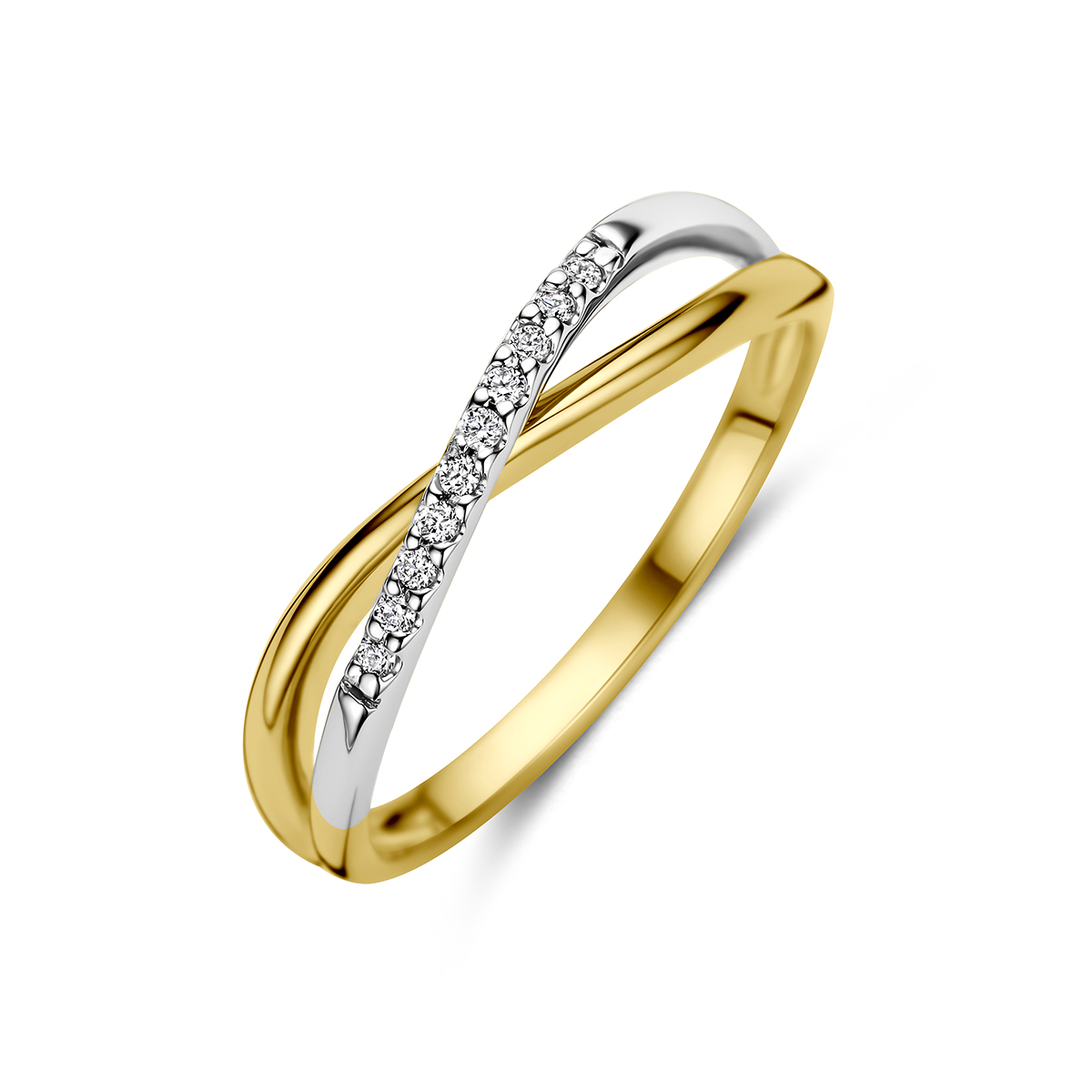 14k Bicolor geel en witgouden ring uitgevoerd met diamant. De ring heeft een breedte van 4mm. Het totale diamantgewicht is 0.06ct.