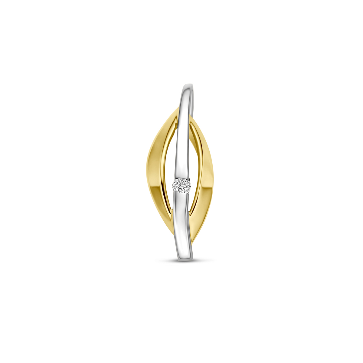 14k Bicolor geel- en witgouden hanger uitgevoerd met een lab grown diamant met een totaalgewicht van 0.03ct. De hanger heeft een afmeting van 21x7mm. Lab grown diamanten zijn diamanten die ontstaan in een laboratorium. Onder extreem hoge druk en temperatuur wordt het natuurlijk ontstaansproces nagebootst met als eindresultaat een diamant met dezelfde chemische eigenschappen maar met een andere oorsprong.