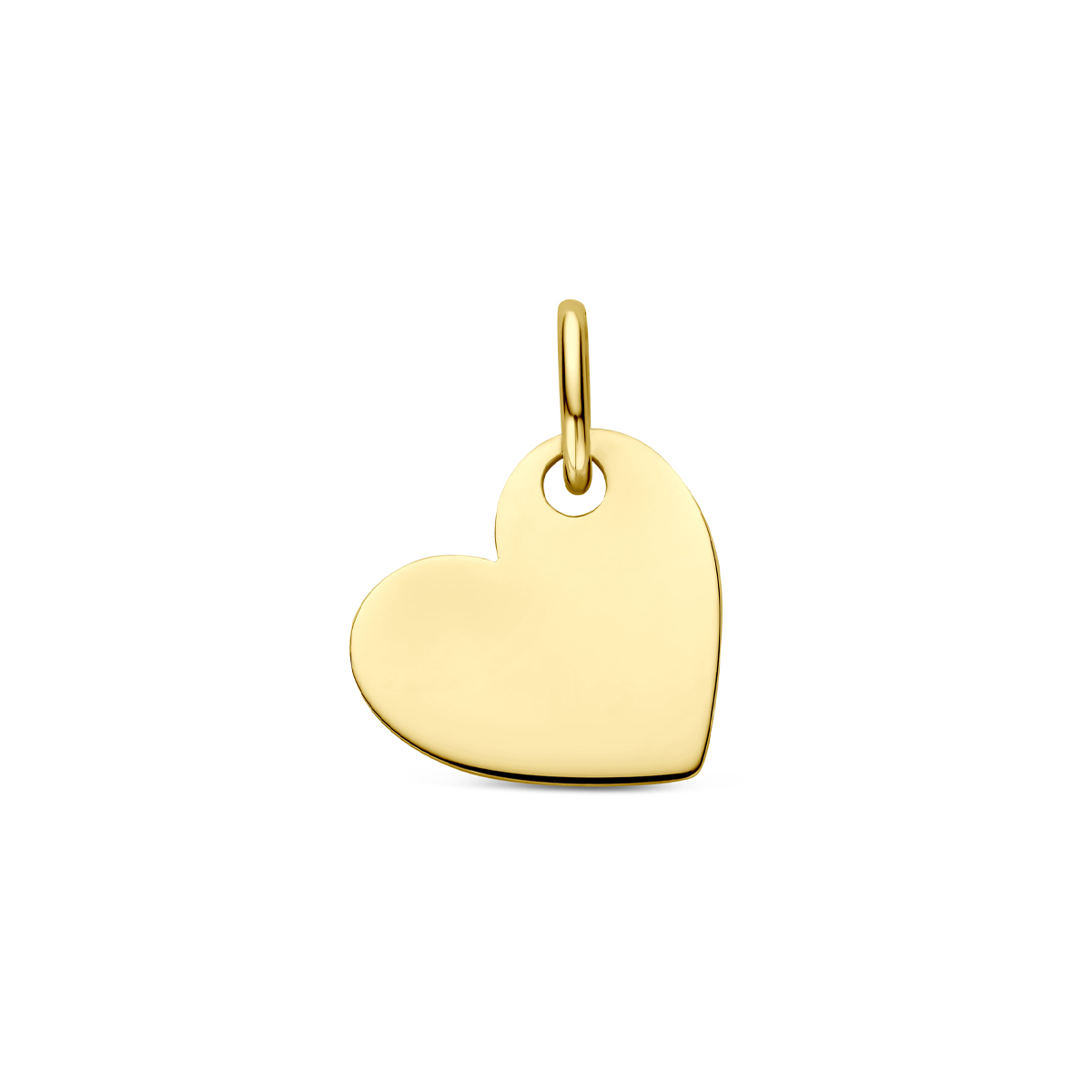 Geelkleurige gouden 9K graveerhanger in de vorm van een hartje. Het hartje heeft een afmeting van 9x10mm en een dikte van 0.4mm.