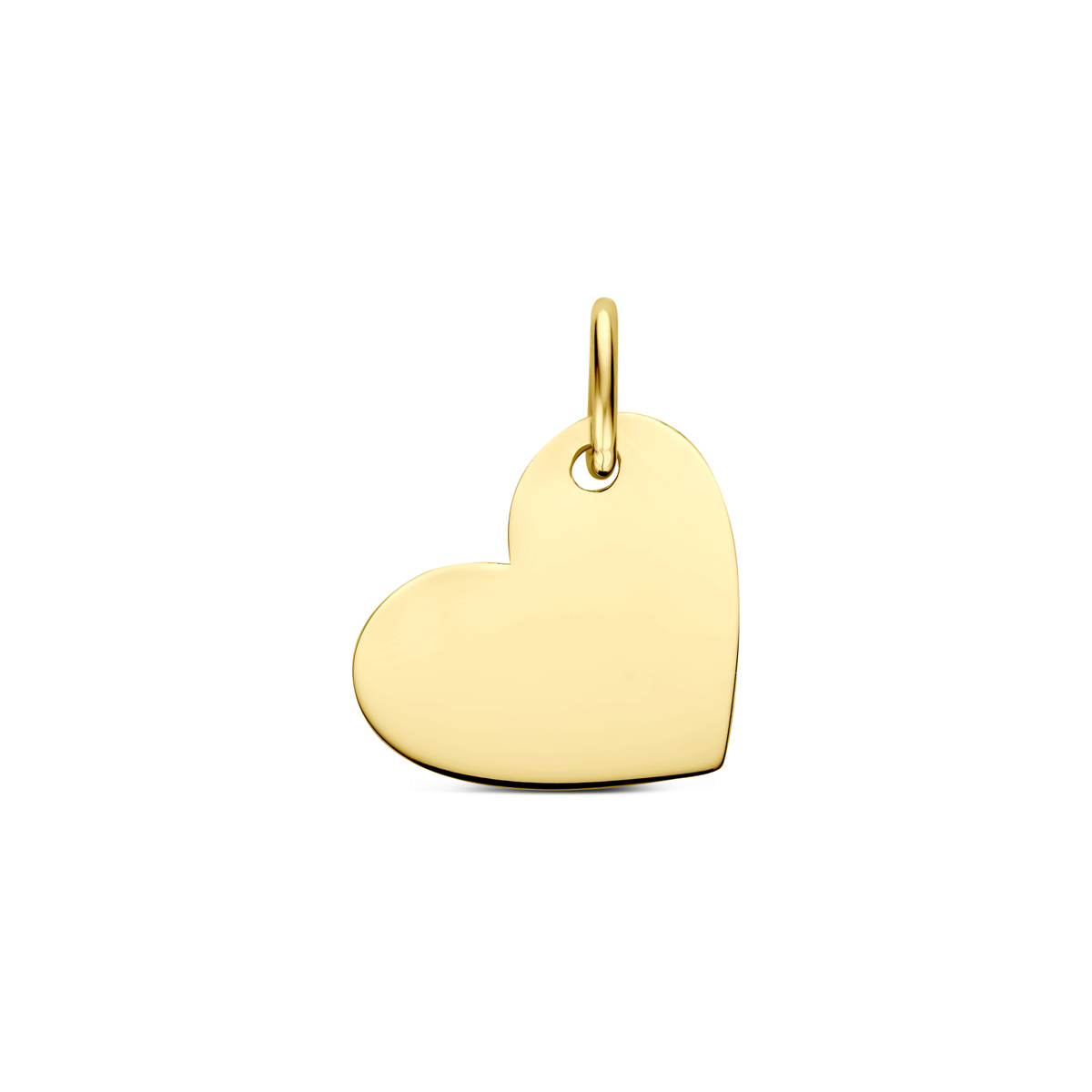 9k Geelkleurige graveerhanger in de vorm van een hartje. Het hartje heeft een afmeting van 10x12mm en een dikte van 0.4mm.