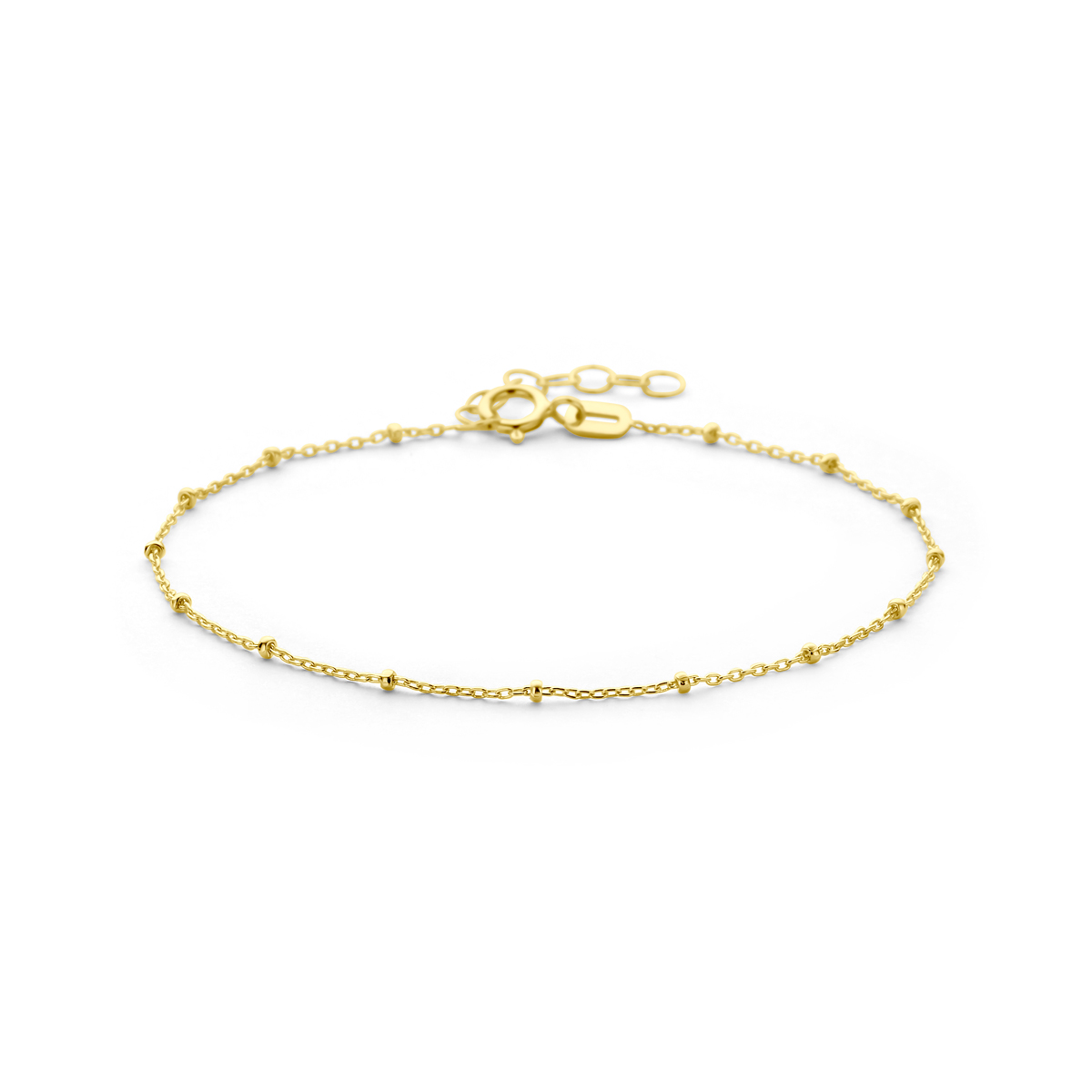 Geelkleurige gouden 9k armband uitgevoerd met bolletjes met een breedte van 1.3mm. De armband heeft een draaglengte van 16cm met een extensie van 2cm.
