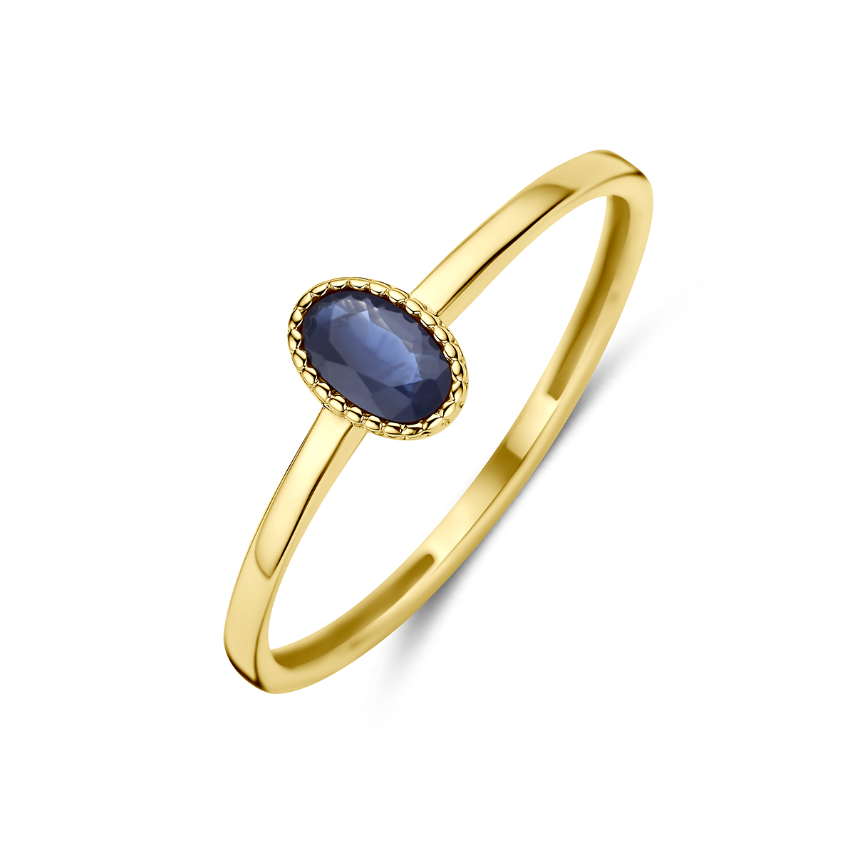 9k Geelkleurige ring uitgevoerd met saffier. De ring heeft een breedte van 6mm.