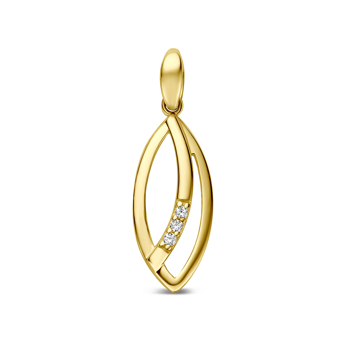 9k Geelkleurig hanger met zirkonia. De hanger heeft een hoogte van 14mm excl. oogje en een breedte van 6mm.