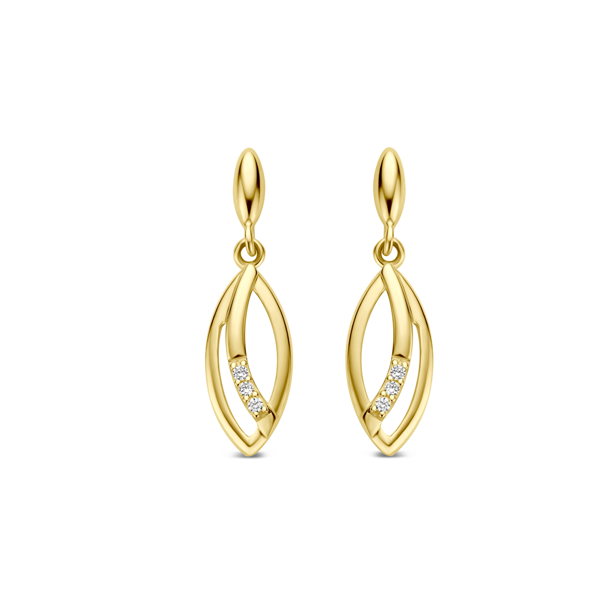 9k Geelkleurig oorhangers met zirkonia. De oorhangers hebben een totale hoogte van 18mm en een breedte van 5mm.