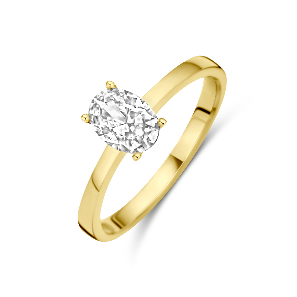 14k Geelgouden ring uitgevoerd met zirkonia. De ring heeft een breedte van 7mm.