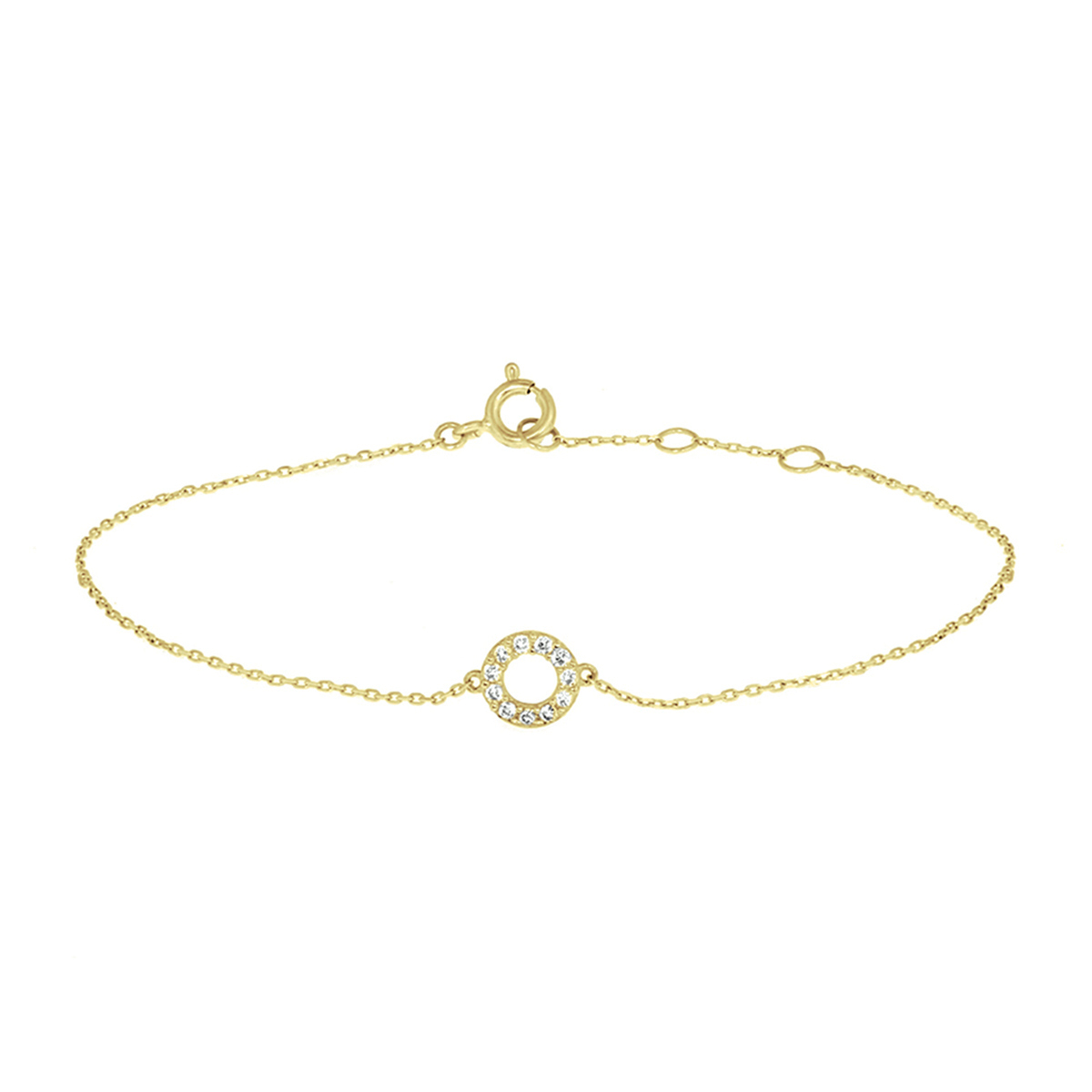 Geelkleurige armband met een rondje van 6.5mm en een luxe rijzetting van briljant geslepen zirkonia. Deze armband heeft draaglengtes van 16.5, 17.5 en 18.5cm en een stevige veerring sluiting. De schakelbreedte is 0.8mm.