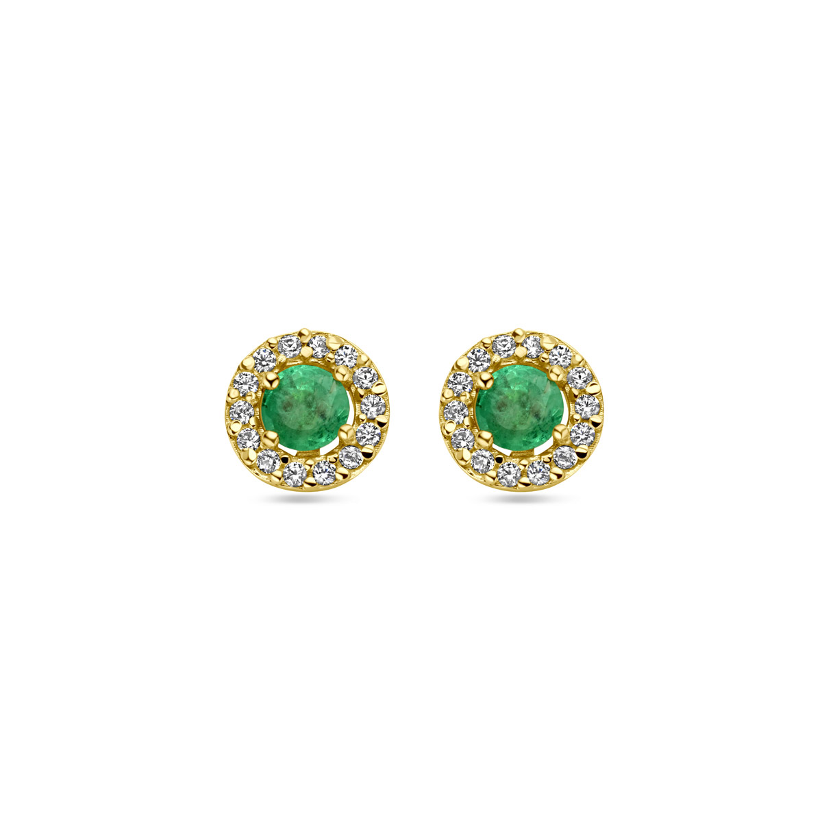 14k Geelgouden oorknoppen uitgevoerd met smaragd en zirkonia. De oorknoppen hebben een diameter van 7mm.