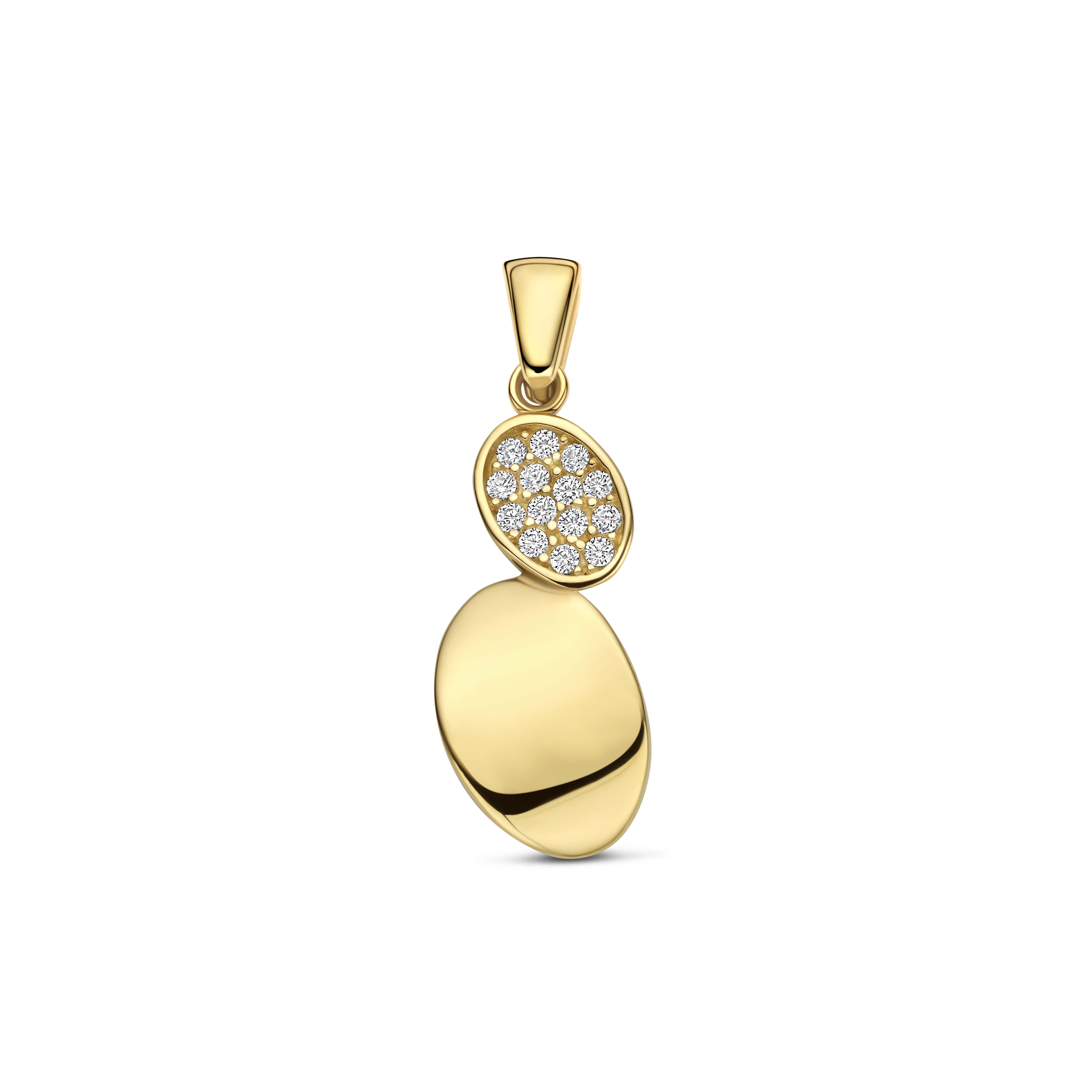 9k Geelkleurig hanger met zirkonia. De hanger heeft een hoogte van 18.5mm excl. oogje en een breedte van 8.5mm.
