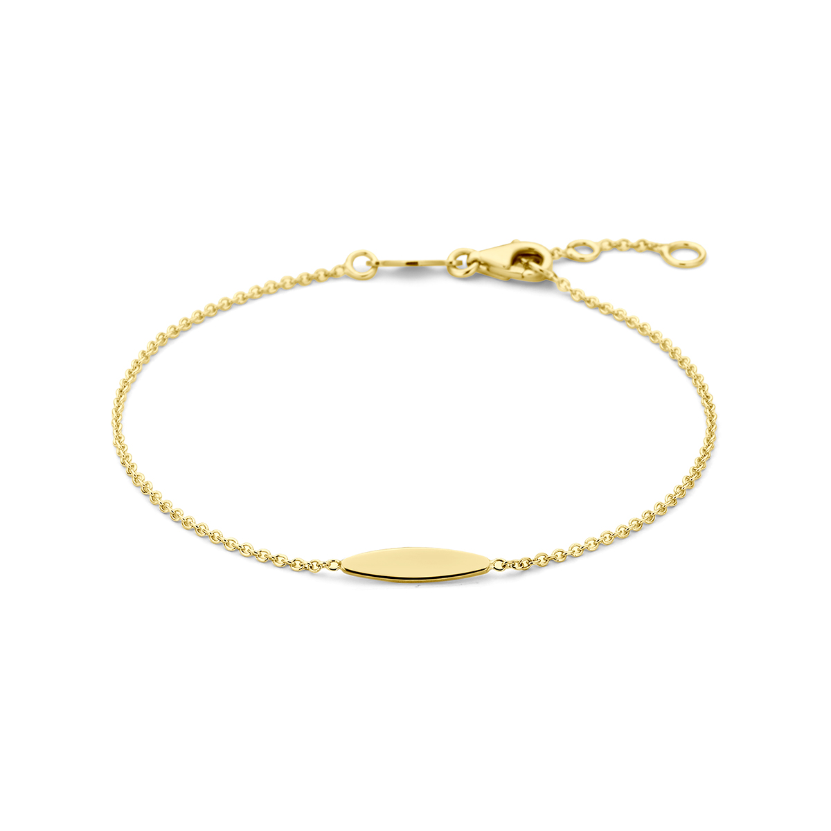 Geelkleurig gouden 9k armband met lengtes van 16.5-17.5-18.5cm. De armband heeft een schakelbreedte van 1.2mm en is uitgevoerd met een karabijnsluiting.