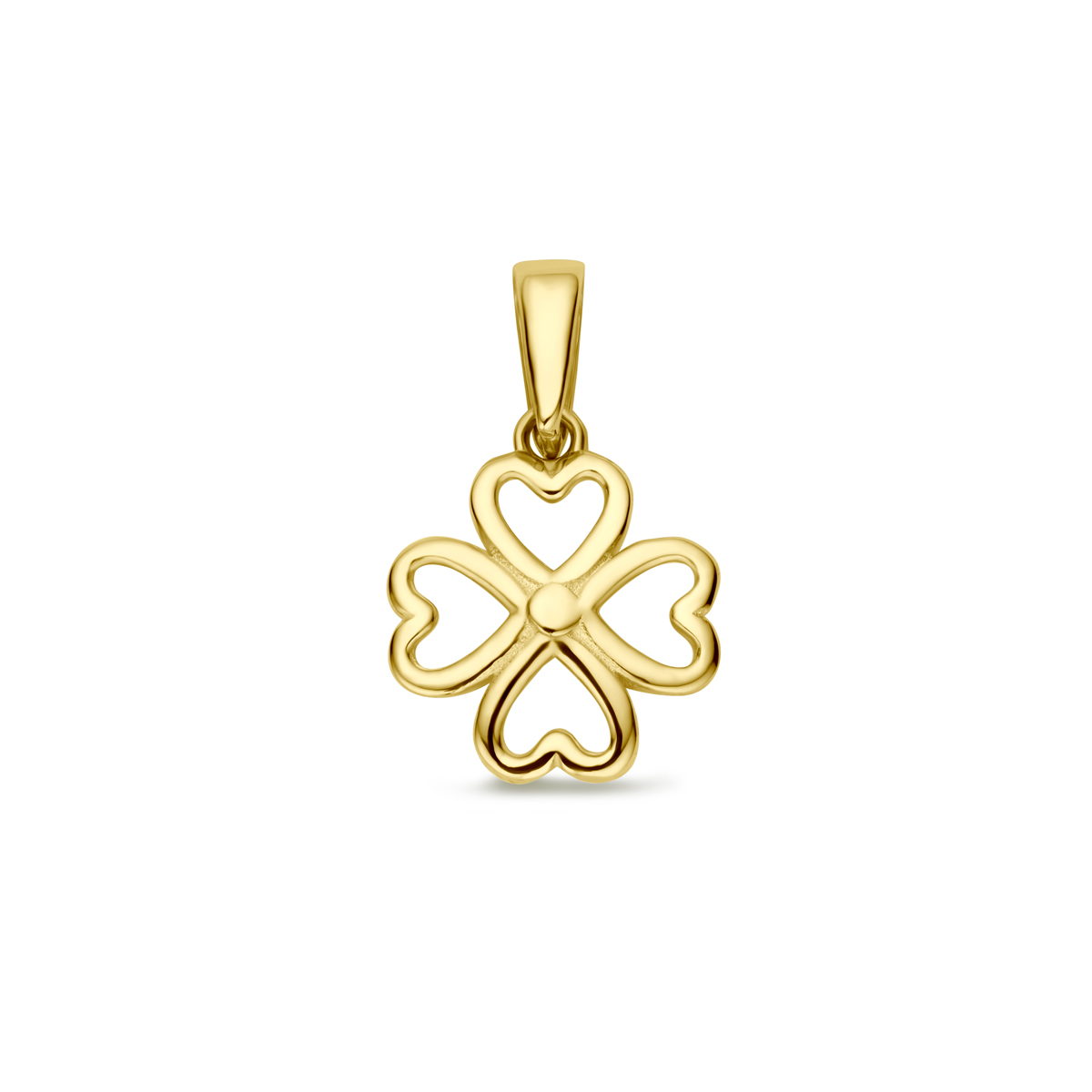 14k Geelgouden hanger uitgevoerd met een klavertje. De hanger heeft een hoogte van 9,5mm excl. oogje.
