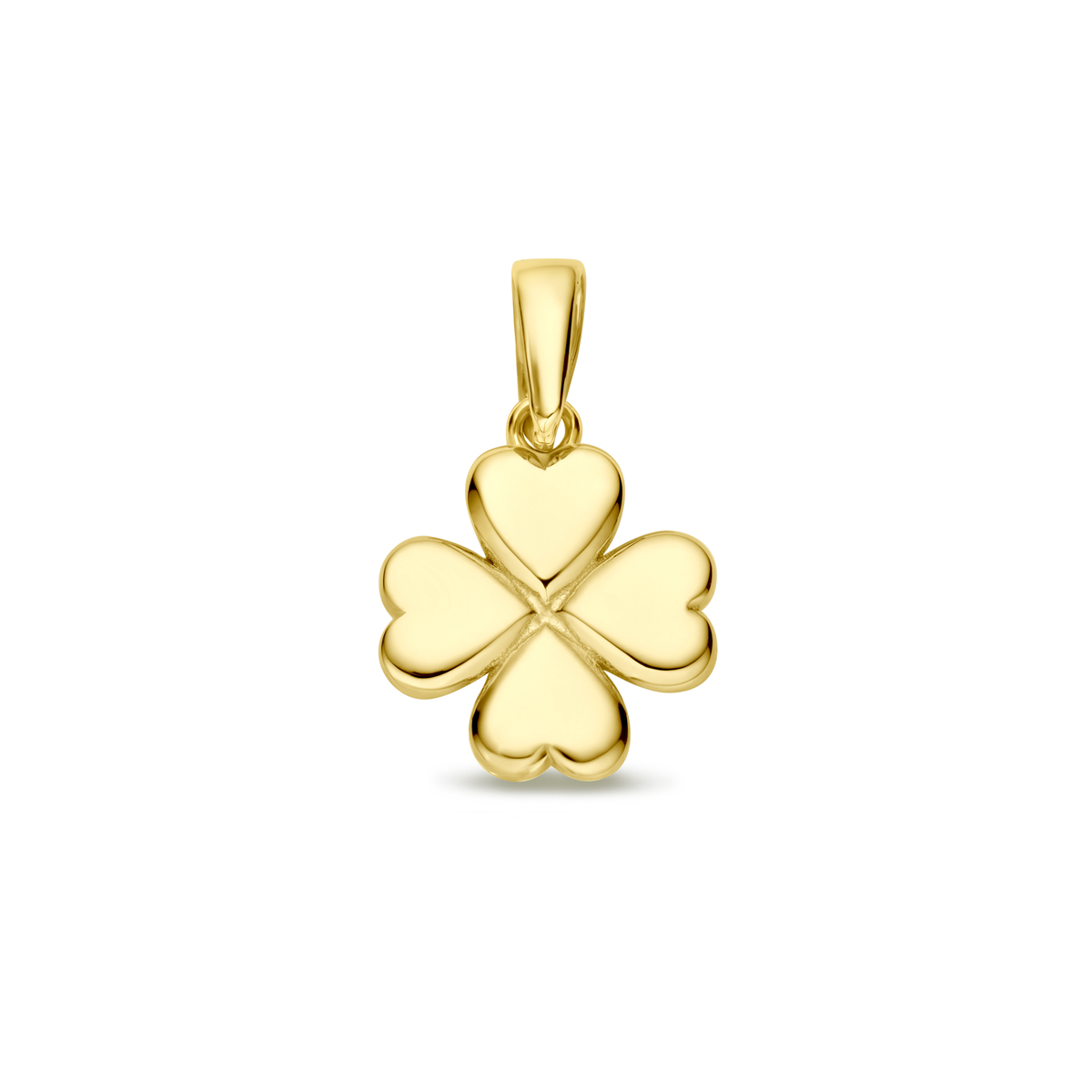 14k Geelgouden hanger uitgevoerd met een klavertje. De hanger heeft een hoogte van 10mm excl. oogje.