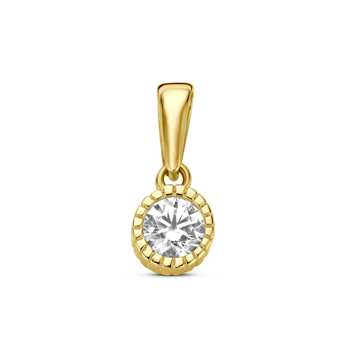 9k Geelkleurige hanger met zirkonia. De hanger heeft een diameter van 5mm excl. oogje.